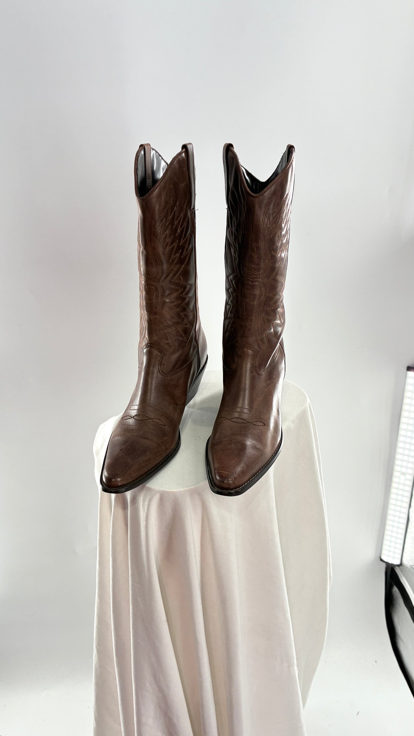 Vintage Genuine Leather Brown Cowboy Boots Made in Brazil (9.5)