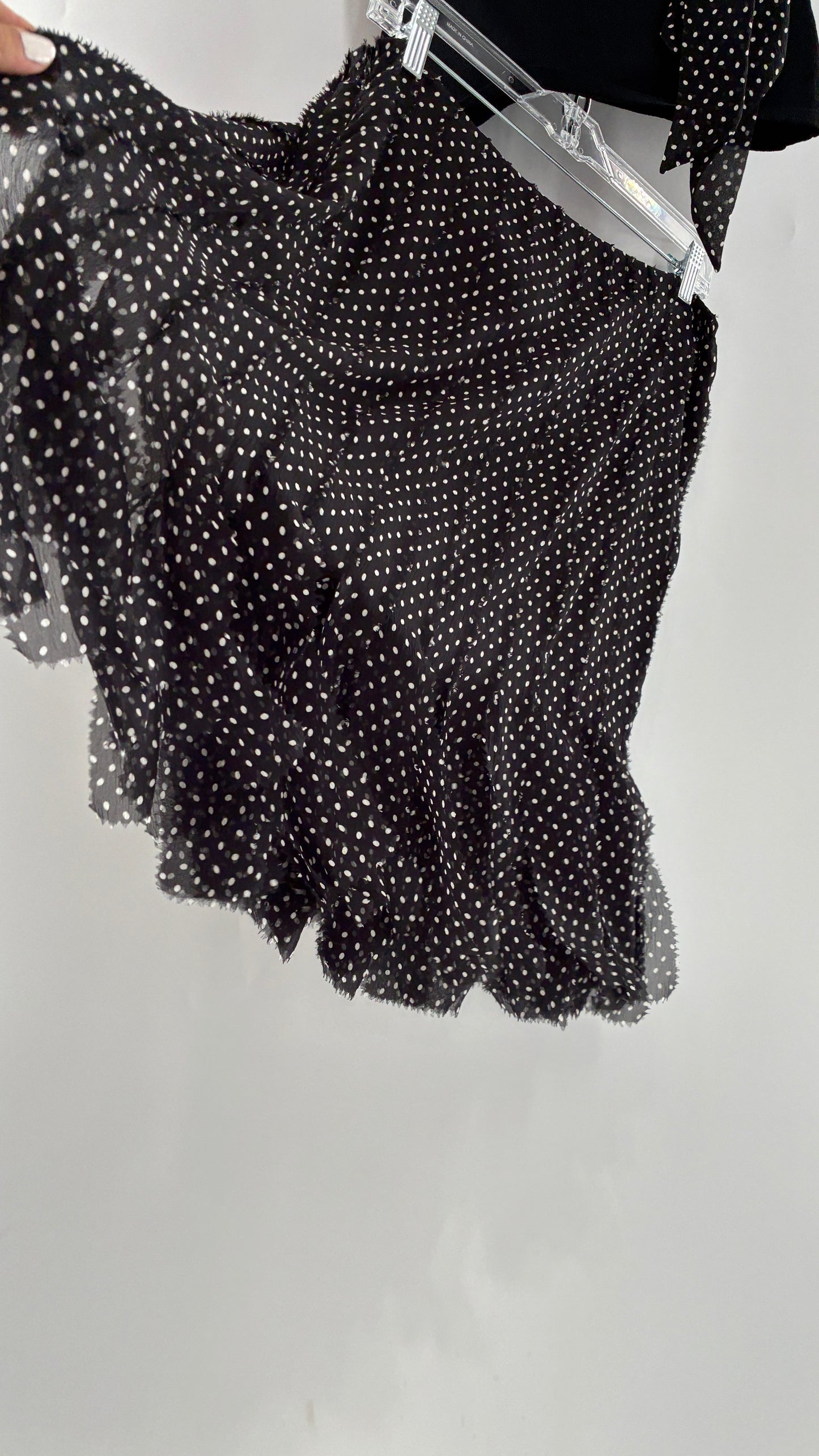 Vintage DANA BUCHMAN 100% Silk Polka Dotted Fringe Skirt and Off the Shoulder Top (Medium)