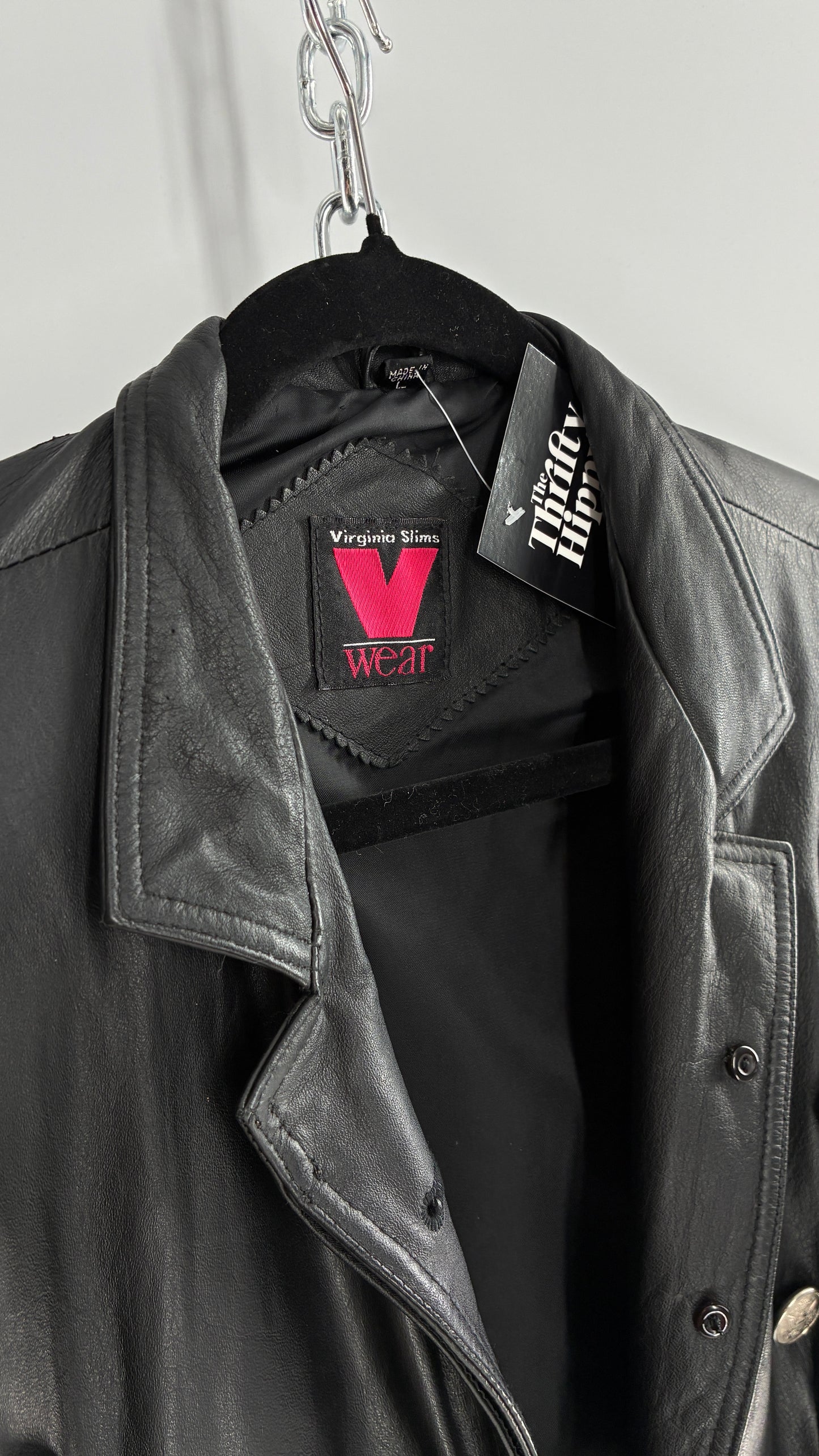 Vintage Virginia Slims Black Genuine Leather Military Jacket with Double Breasted Embossed Buttons (Large)