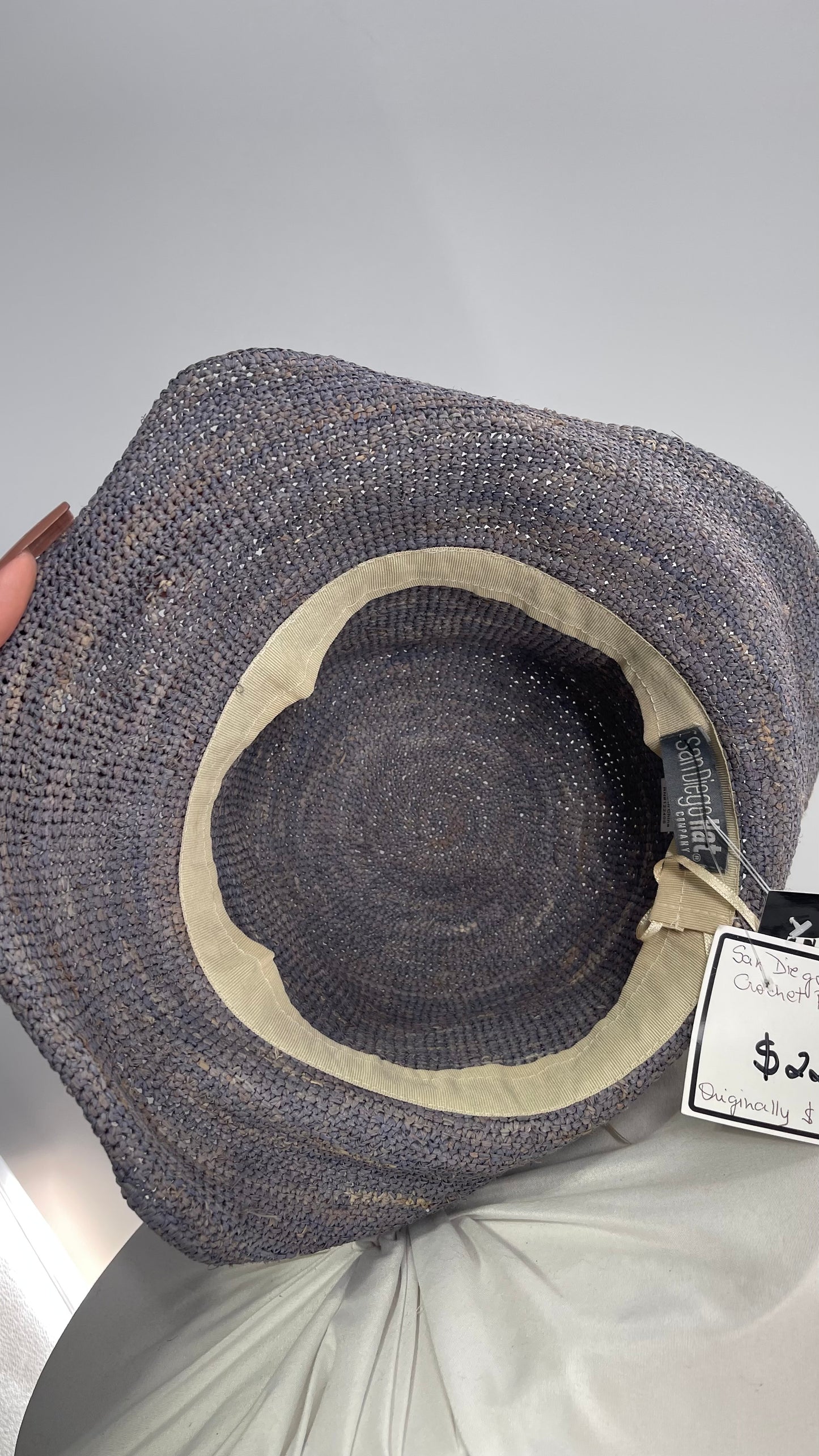 San Diego Hat Company Blue Grey Woven Crochet Raffia Sun Hat
