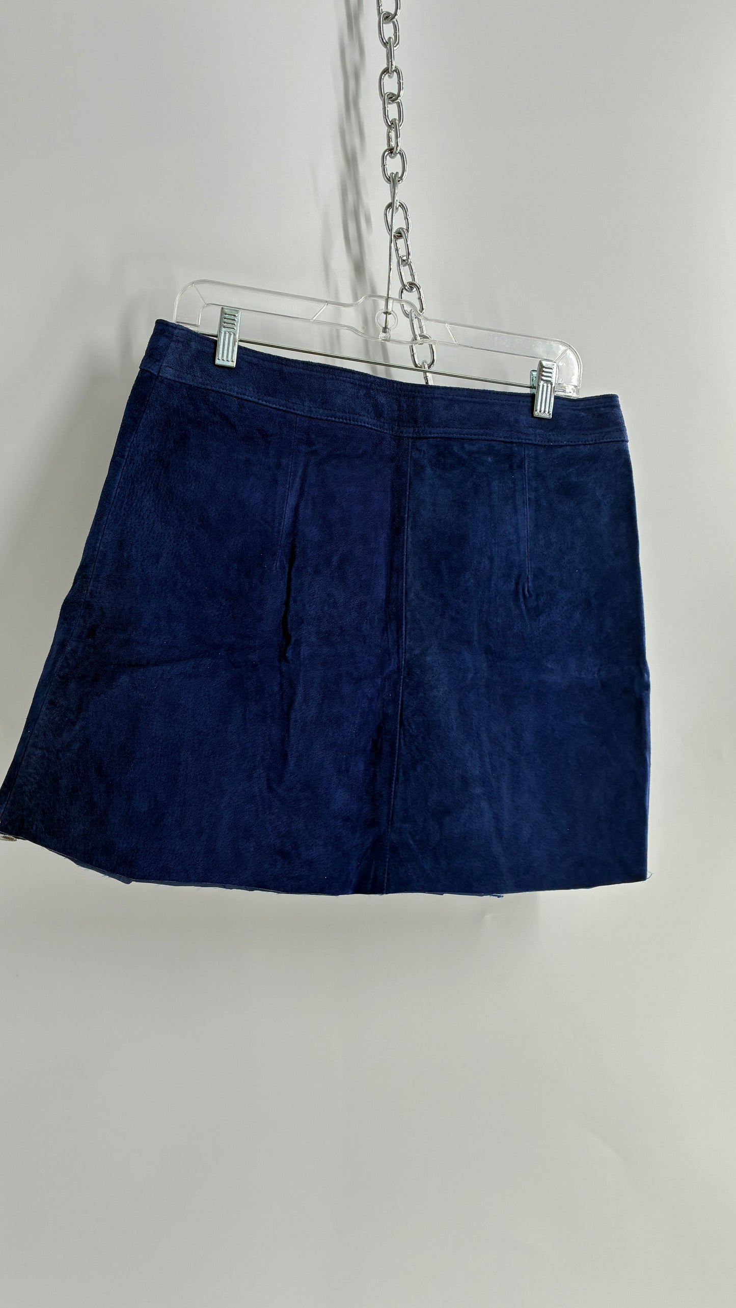 Anthropologie Royal Blue Suede Leather Button Front Skirt with Pocket Details and Vintage Stitching (12P)