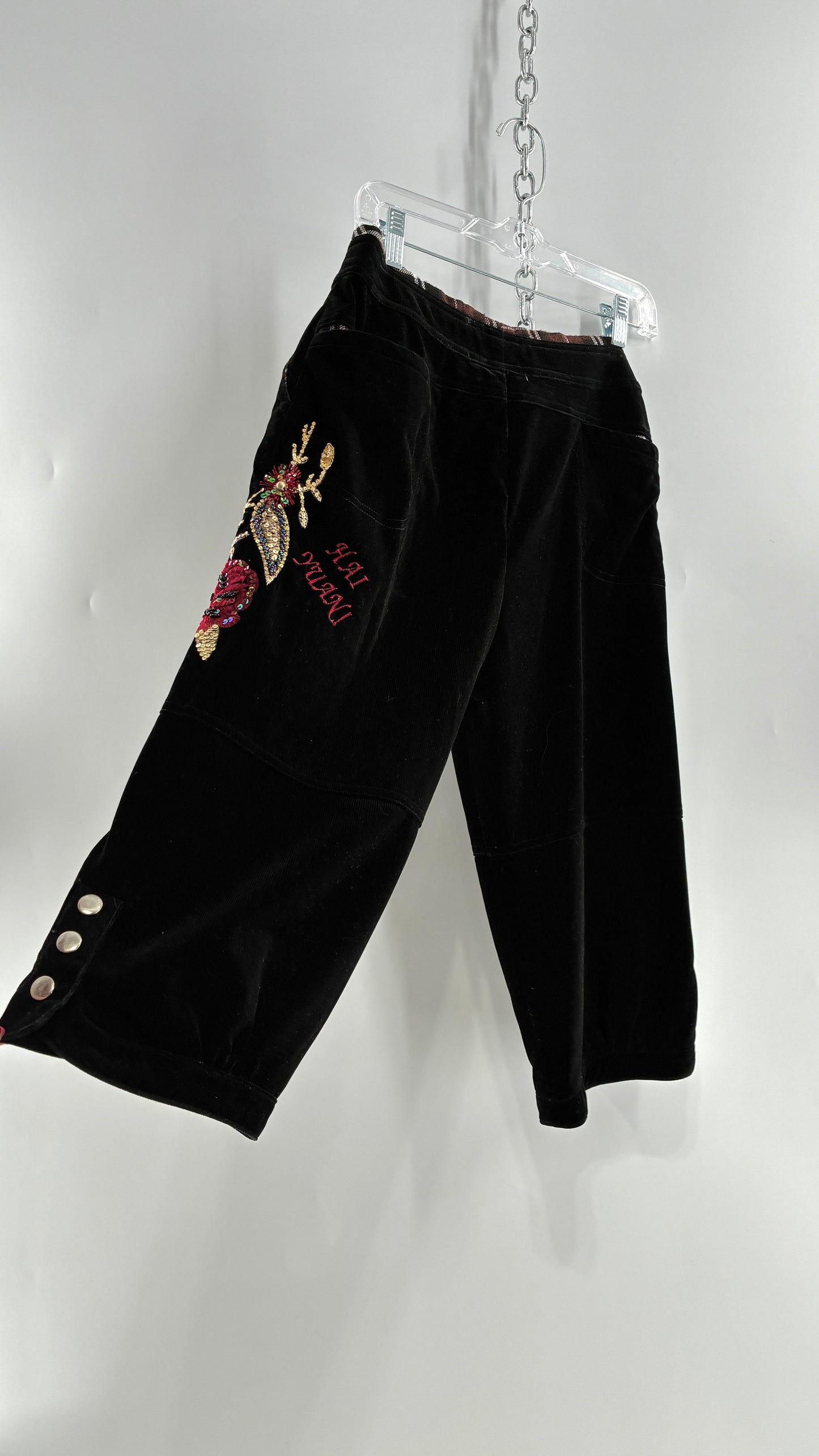Vintage Black Corduroy Capris with Full Thigh Embroidery, Silver Buttons, and Woven Plaid Waistline (30)