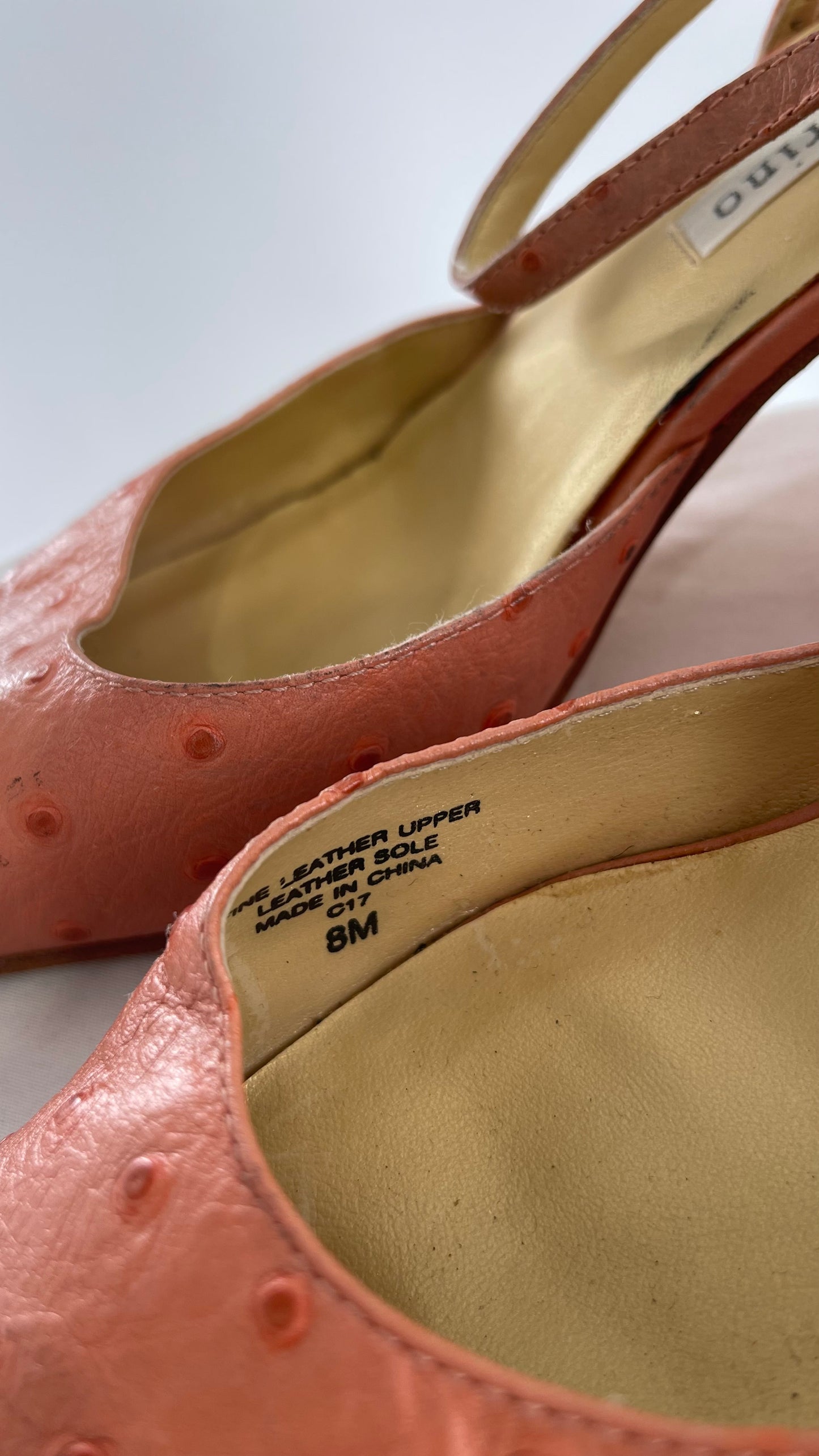 Vintage 1990s Ann Marino Pink Peach Genuine Leather Sling Back Pointed Square Toe Kitten Heel (8)