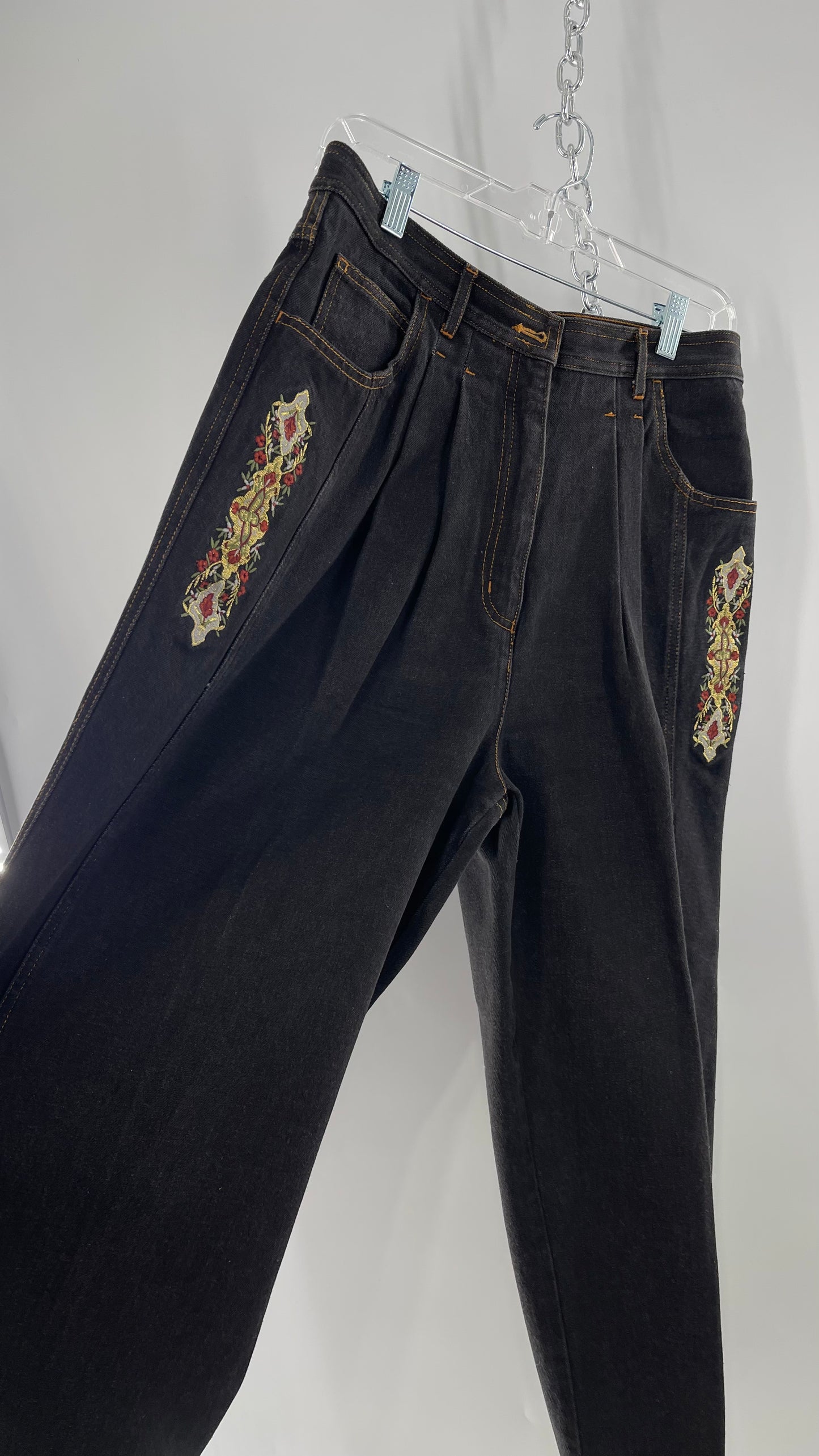 Vintage TOGETHER Basics Dark Gray 80s/90s Tapered, Pleated Waist Old School Embroidered Jeans (14)