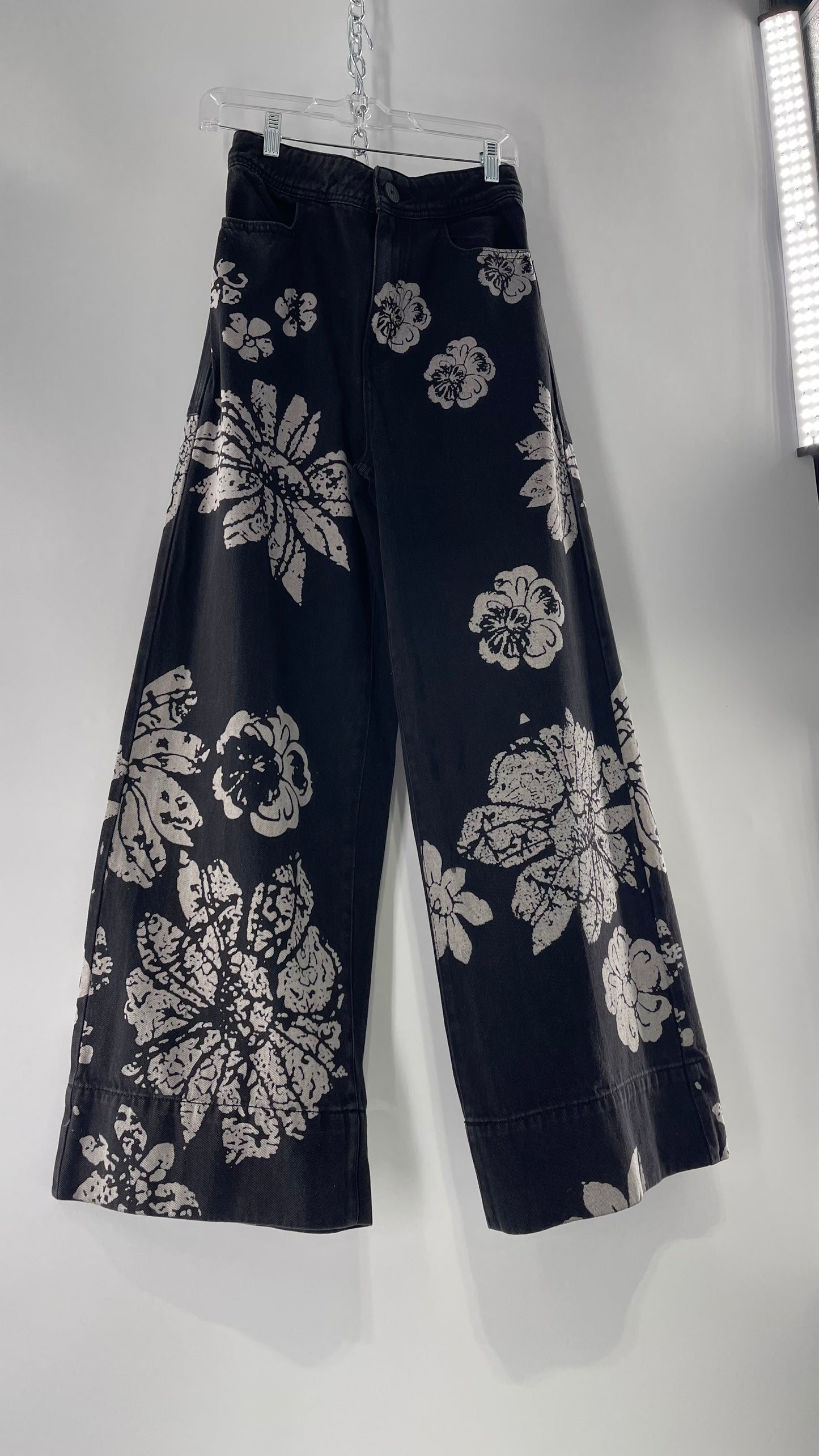 Free People Black Wide Leg Jeans with White Hibiscus Floral Design (29)