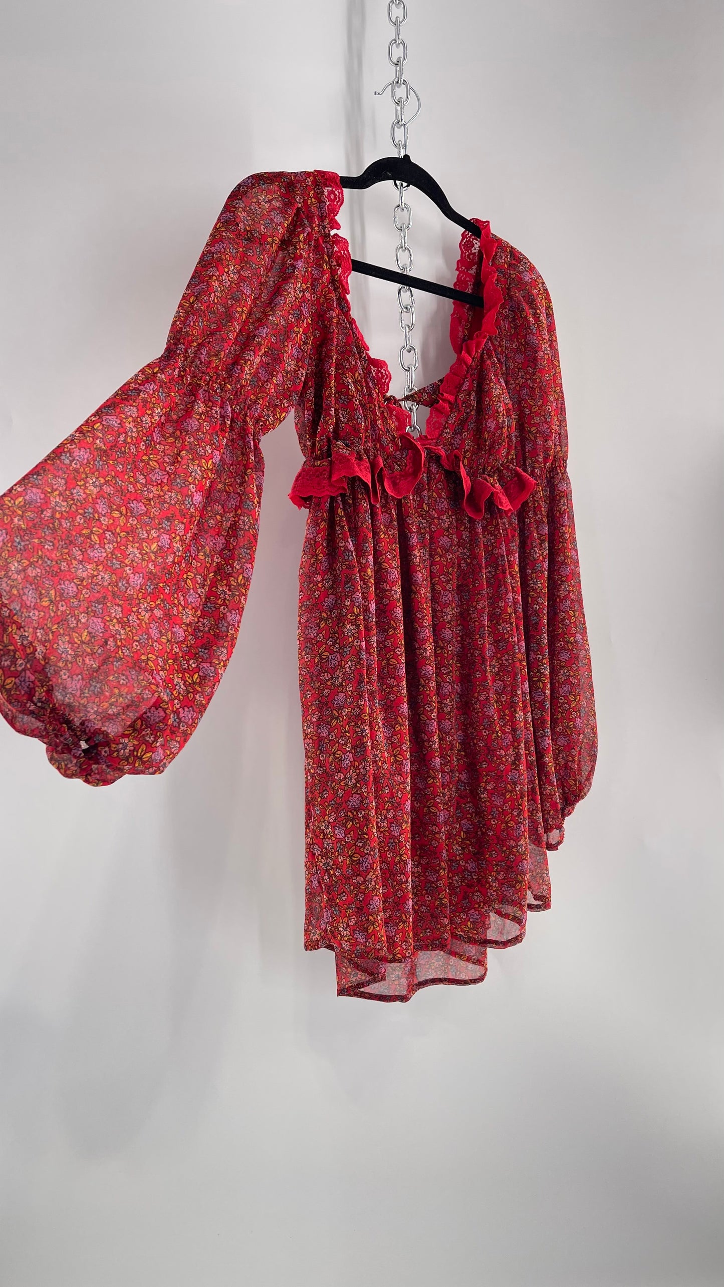 Free People Red Floral Mini Dress with Lace Trim, Open Back and Balloon Sleeves (Small)
