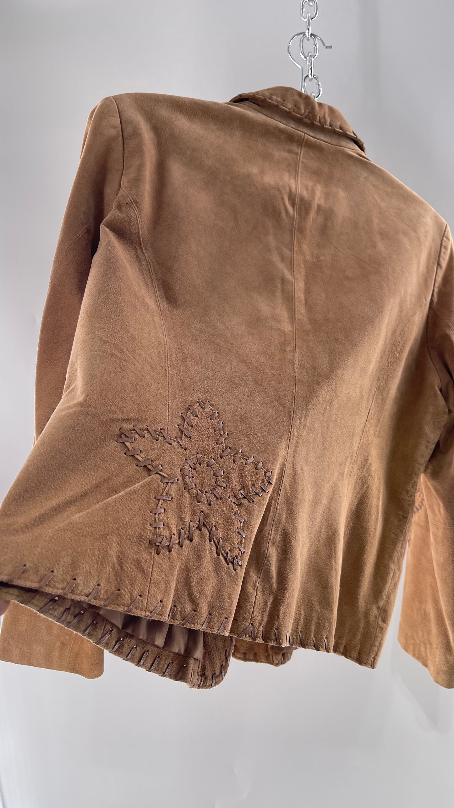 Vintage Rare Light Brown Genuine Suede Blazer with Embroidered Suede Flower and Contrasting Thick Leather Stitching (Medium)