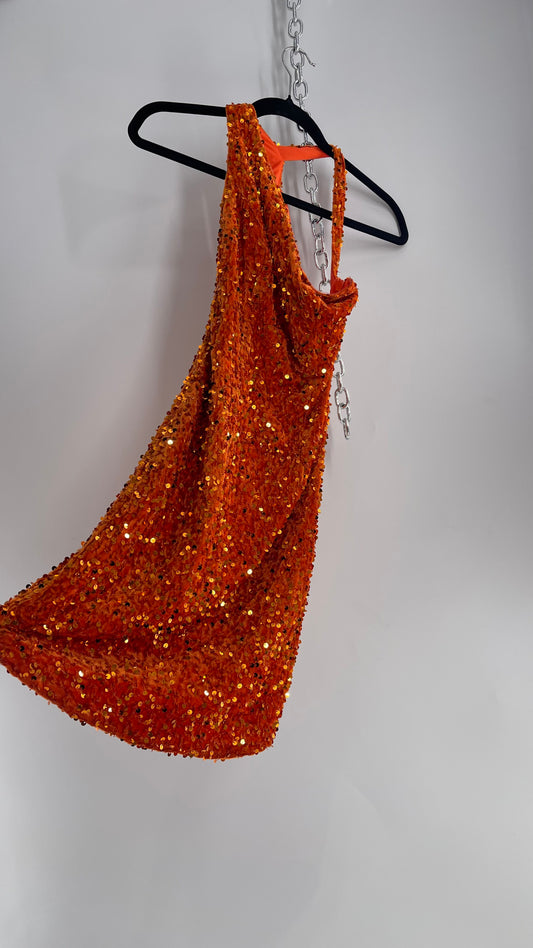 Orange Velvet Sequin Mini Dress with Cut Out Details (XS/S)