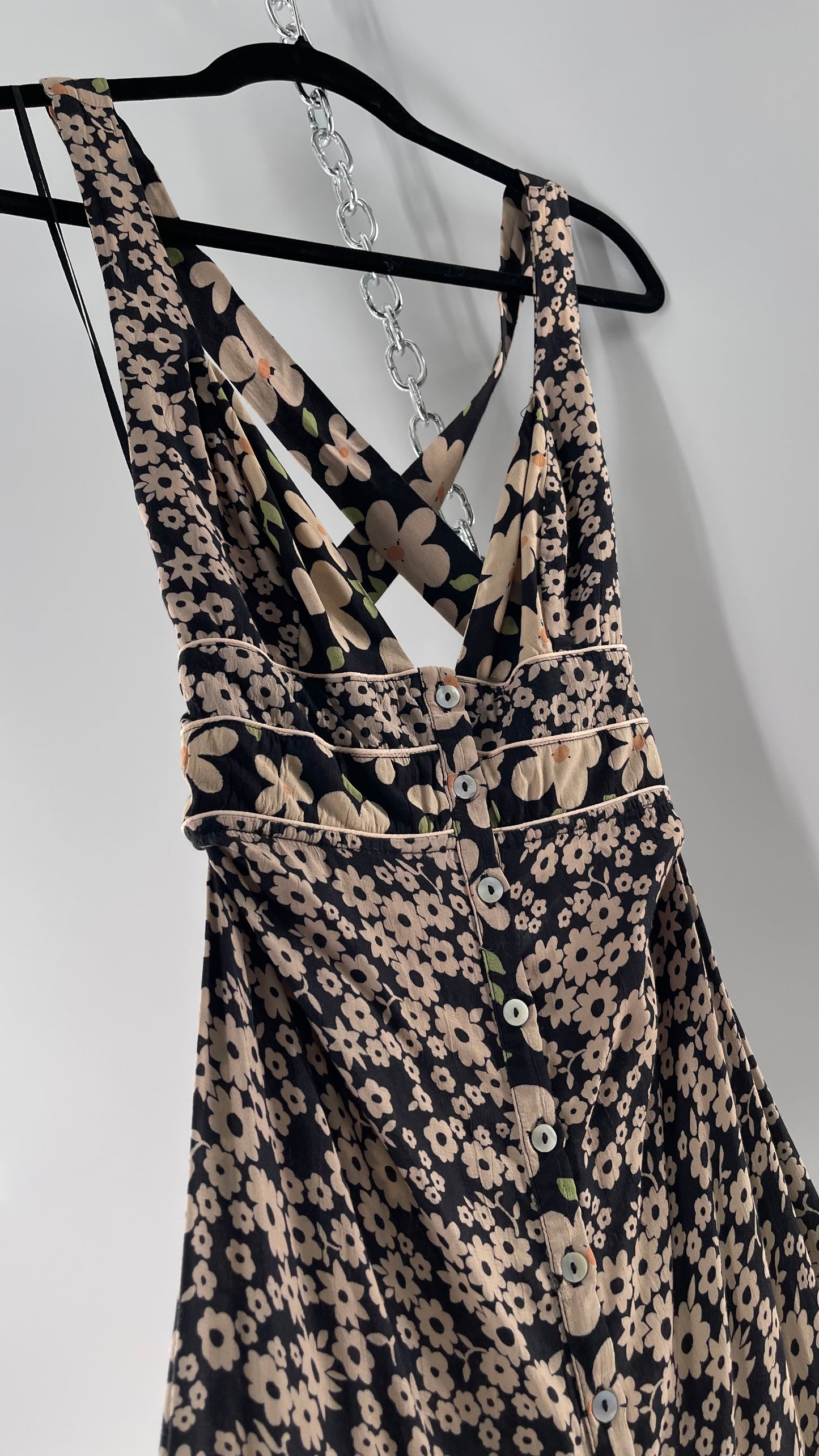 Free People Daisy Mixed Pattern Black/Beige Button Front Full Length Dress (XS)