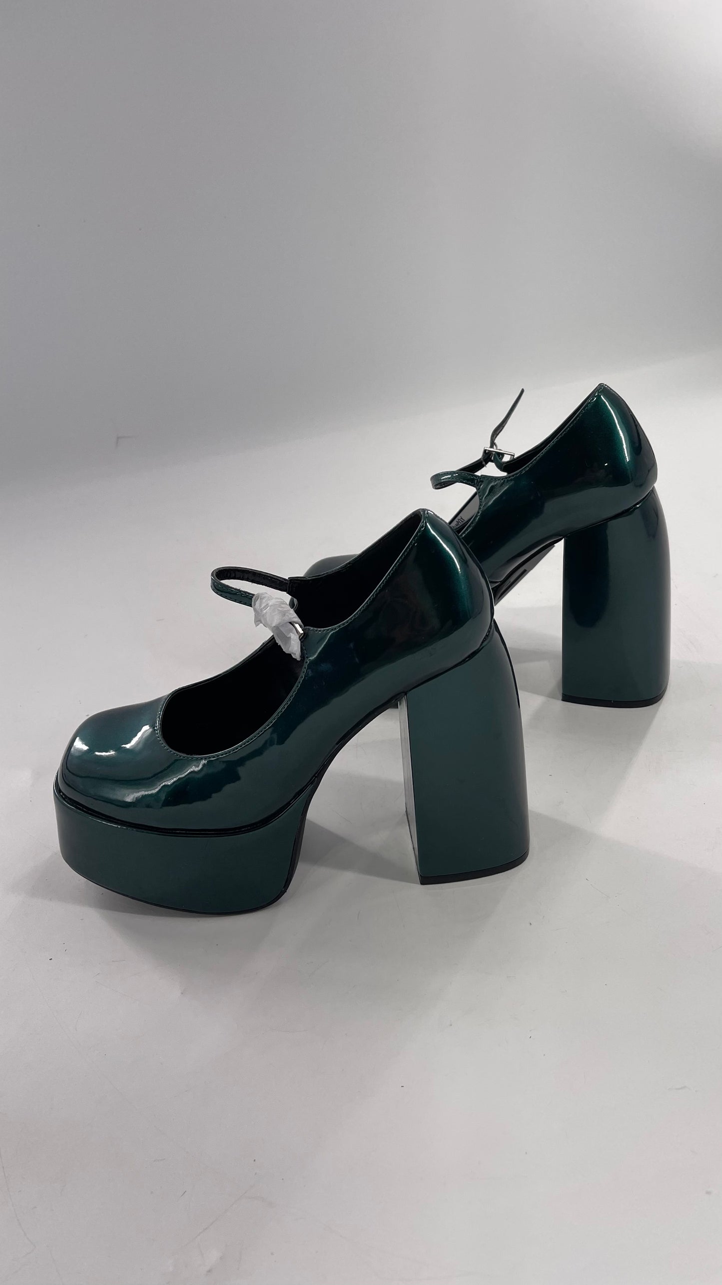 KOI FOOTWEAR Patent Emerald Green Platform Chunky Heel Mary Janes (9/39)