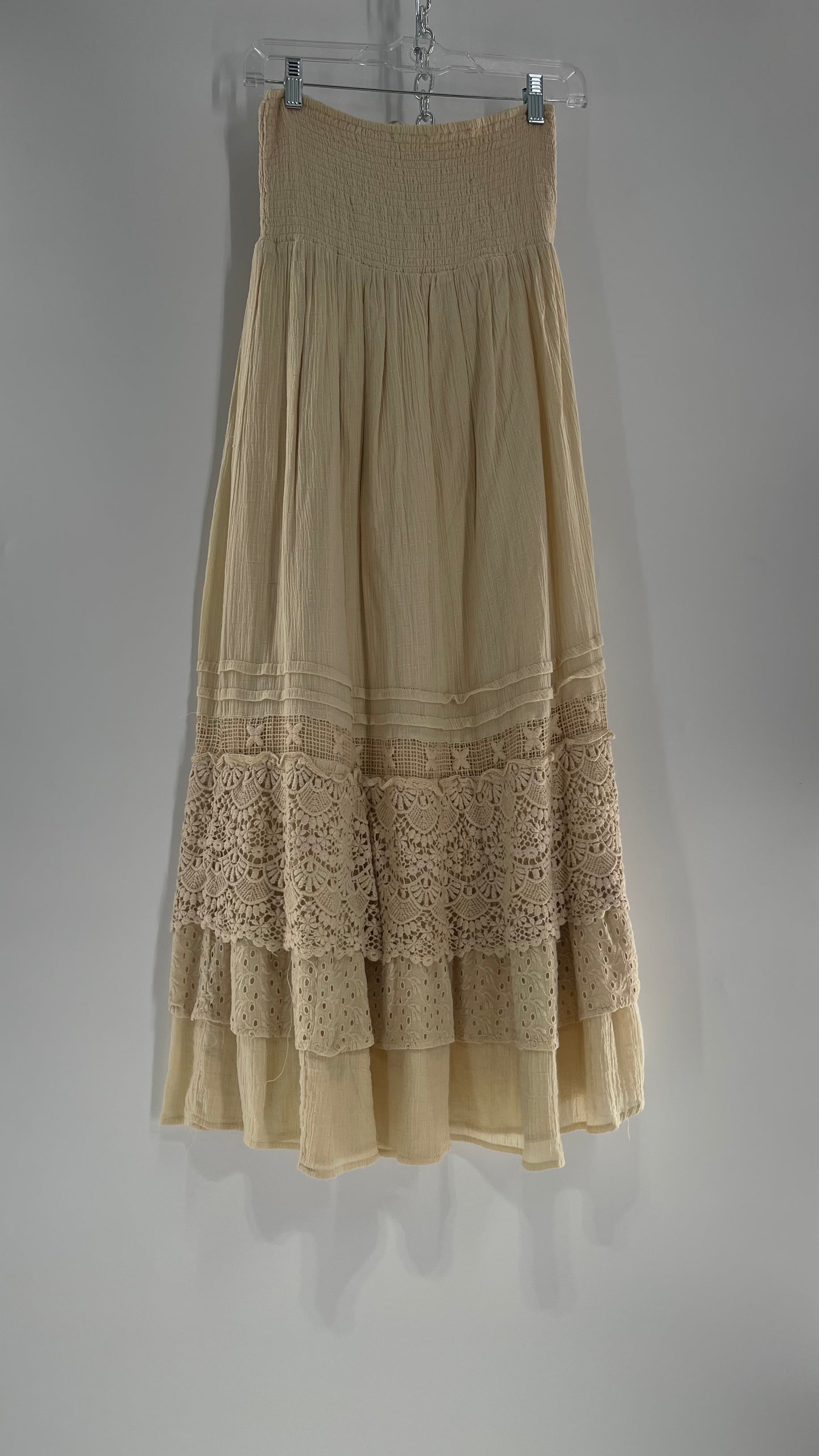 Free People Beige Gauze/Cotton Full Length Skirt Lined with Lace (XS)