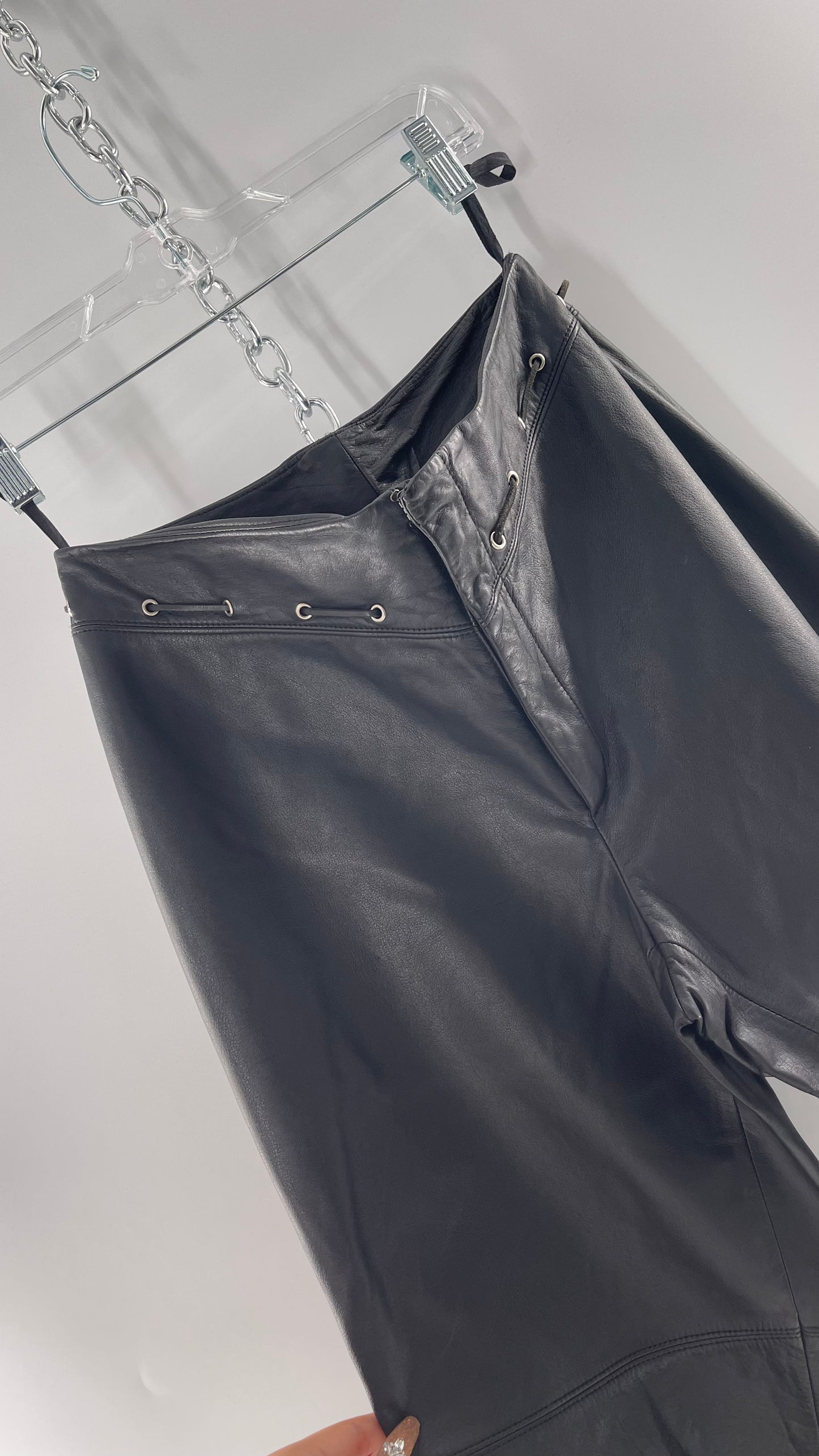 Vintage 90s RALPH Ralph Lauren Thin Leather Pants with Thread Through Grommet Detail on Waistline (4)