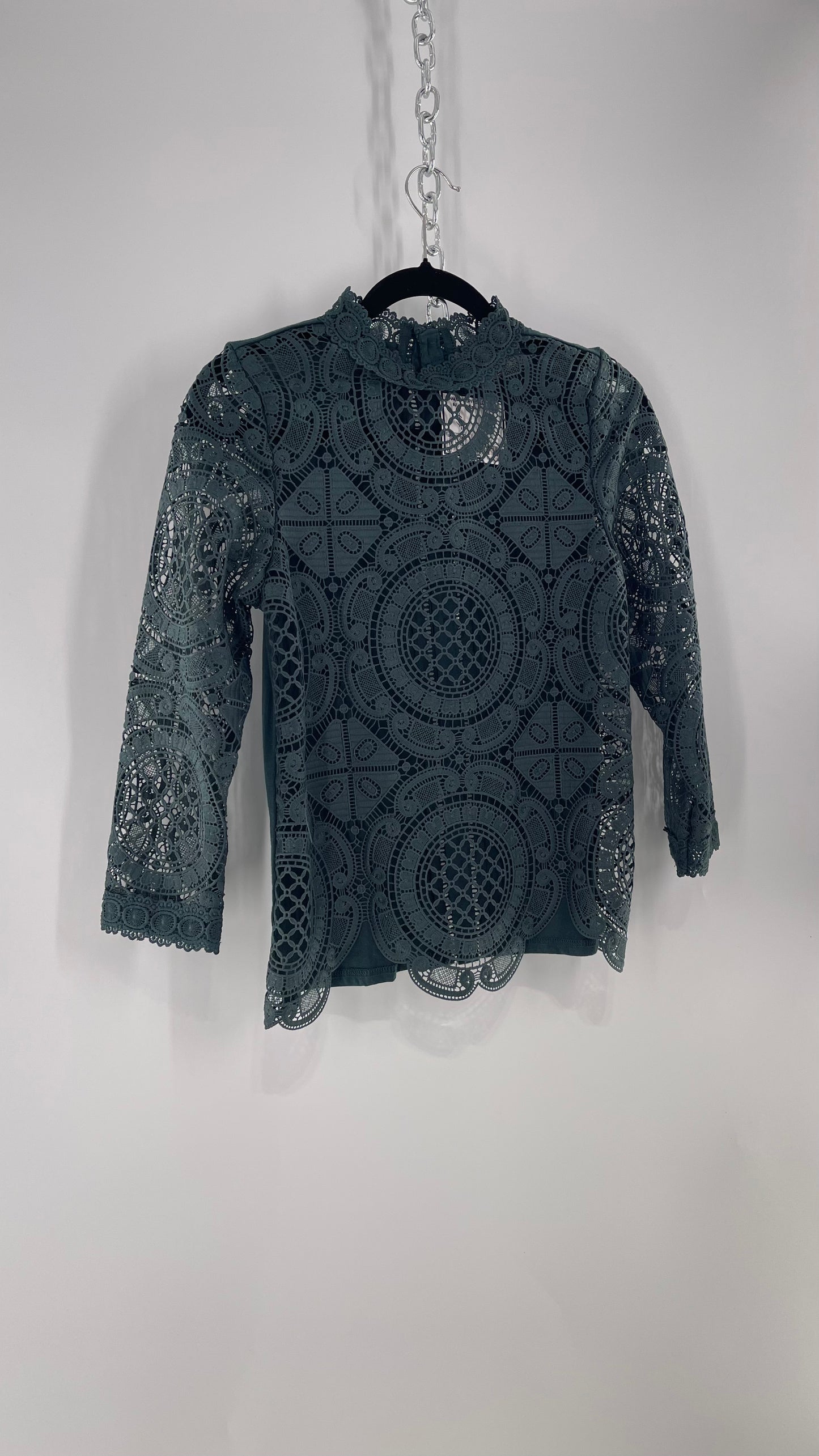 James Coviello New York Thick Lace Forest Green Blouse with Button Down Back (XS)