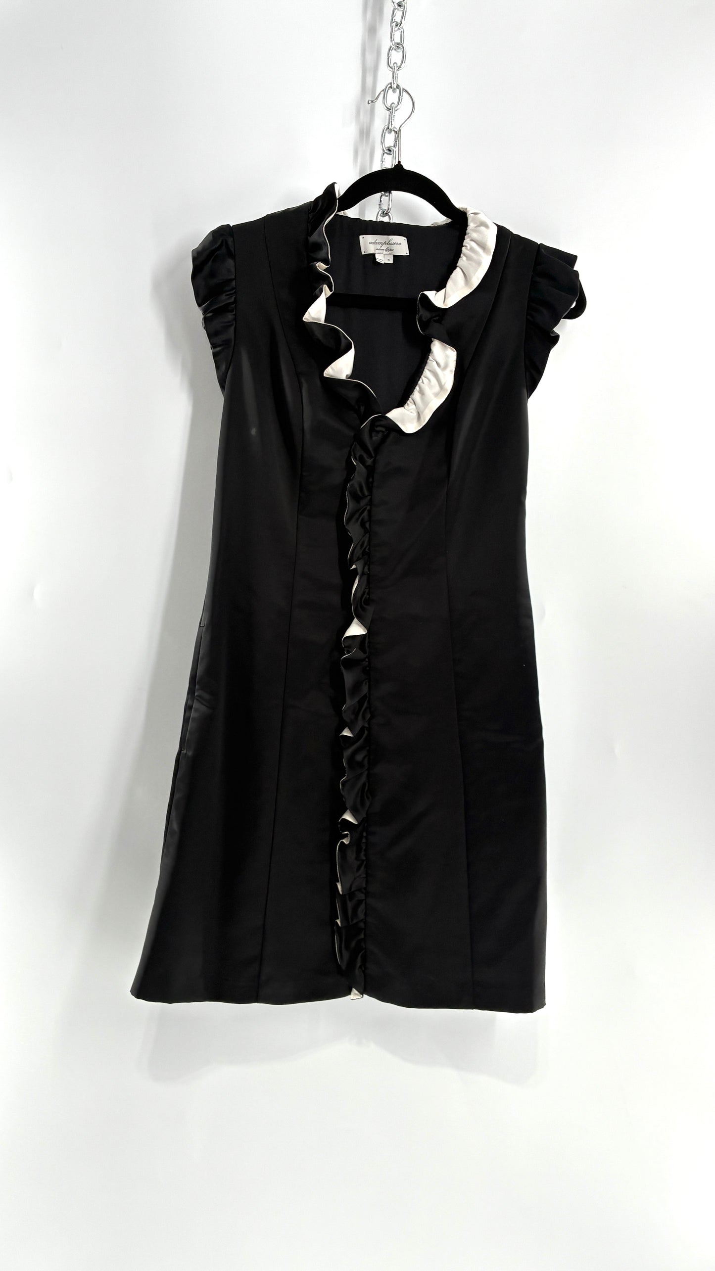 Vintage ADAM PLUS EVE Adam Lippes 58% Wool Black Paneled, Tailored Dress with White Ruffles (6)