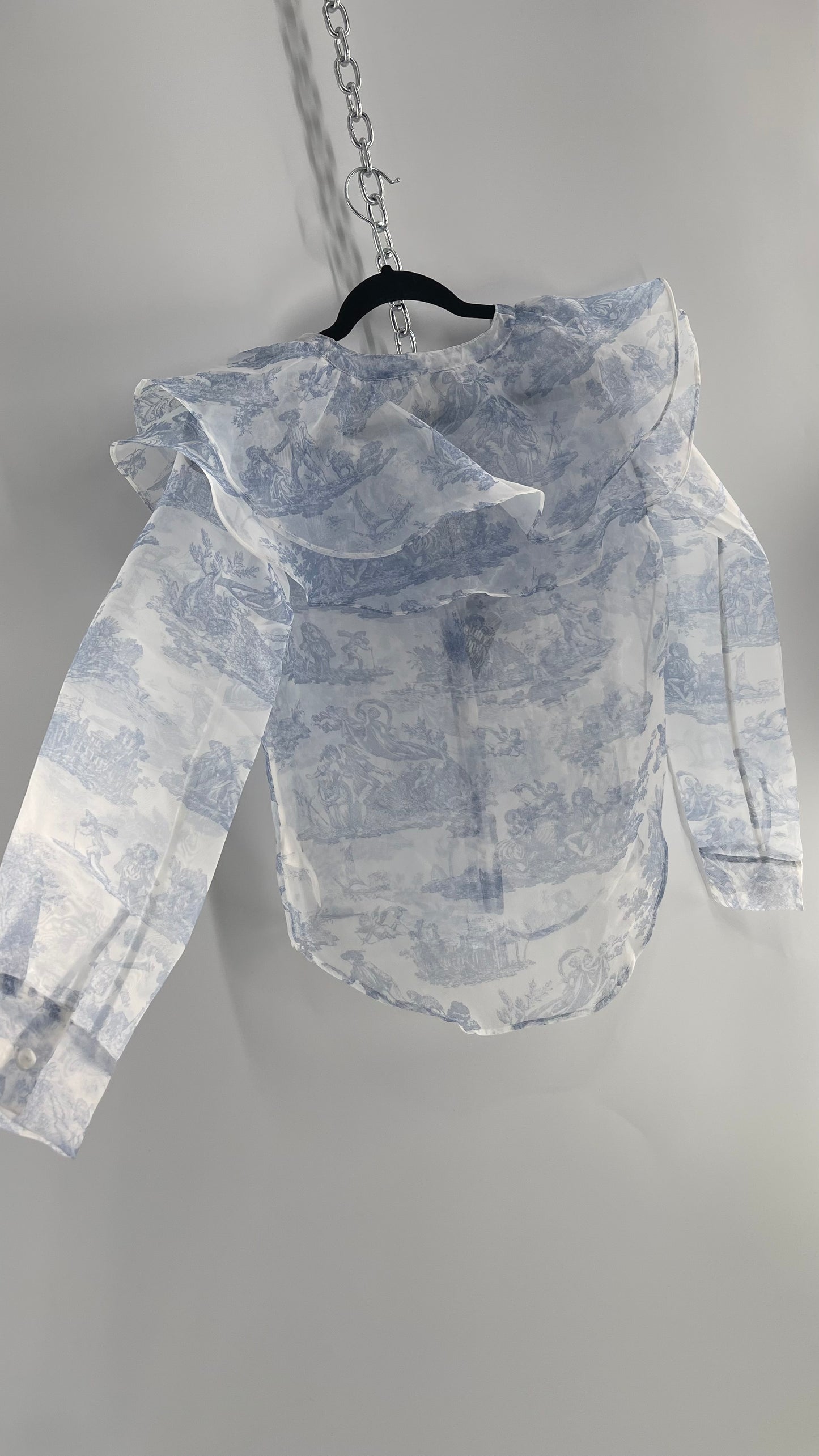 Laura Ashley Urban Outfitters Voile Sheer Ruffled Shoulder Button Up with Blue Vintage Print (XS)