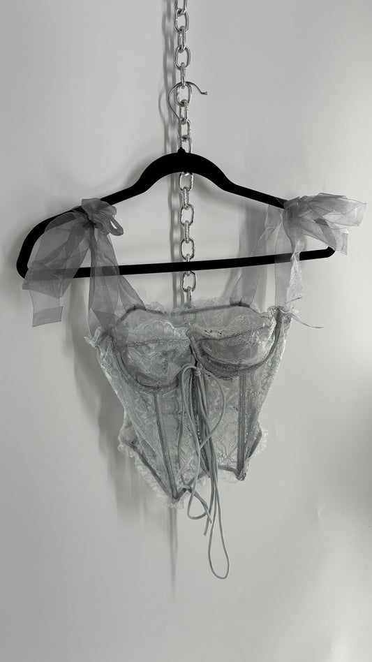 Vintage Light Grey Pointed Hem Lace Corset with Shoulder Bows (XS)