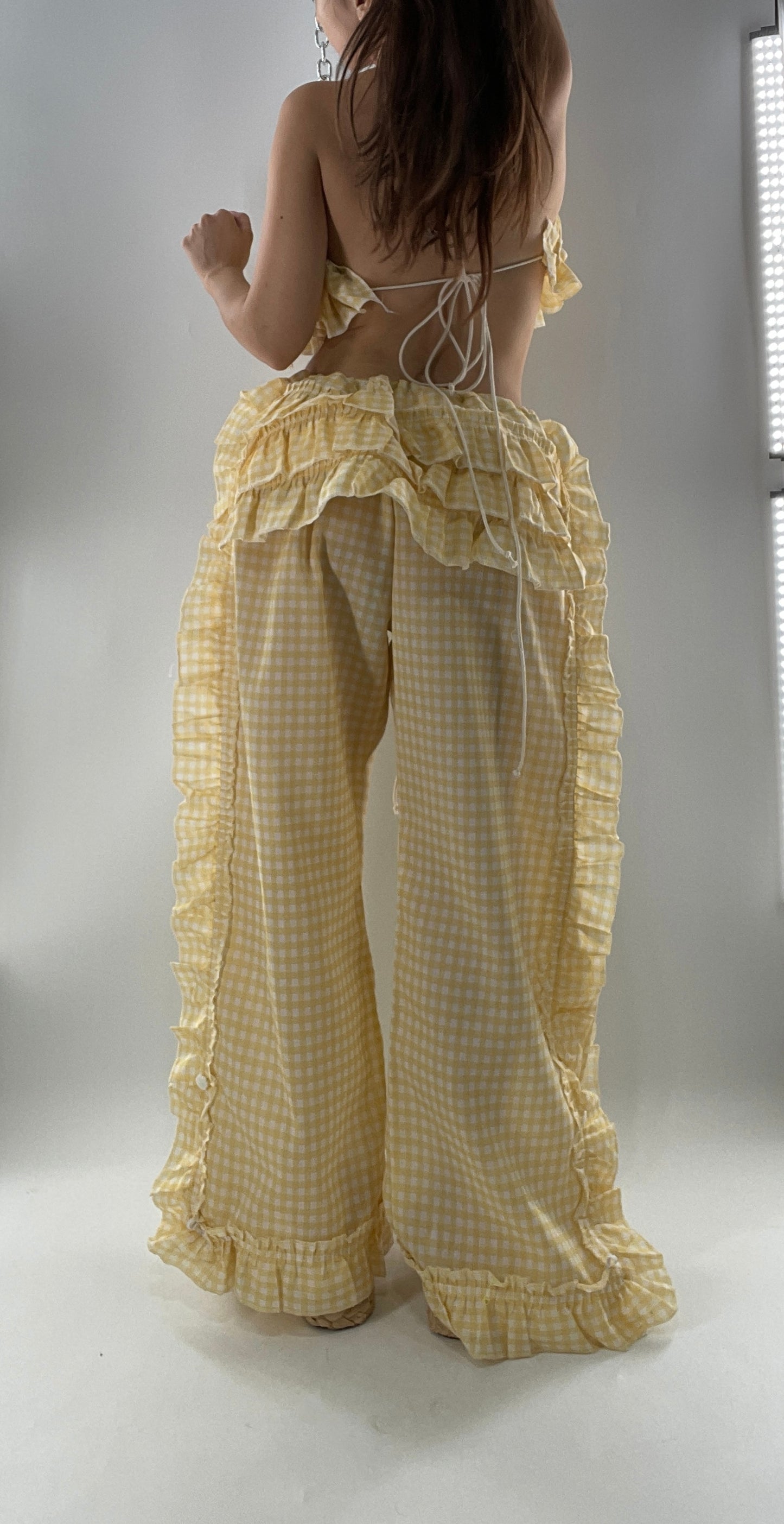 Vintage 2 Piece Yellow Checkered/Gingham Patterned Picnic Set with Ruched Bust Top and Ruffle Side Wide Legs with Adjustable Length, Strap Up Buttons on Hem (One Size)