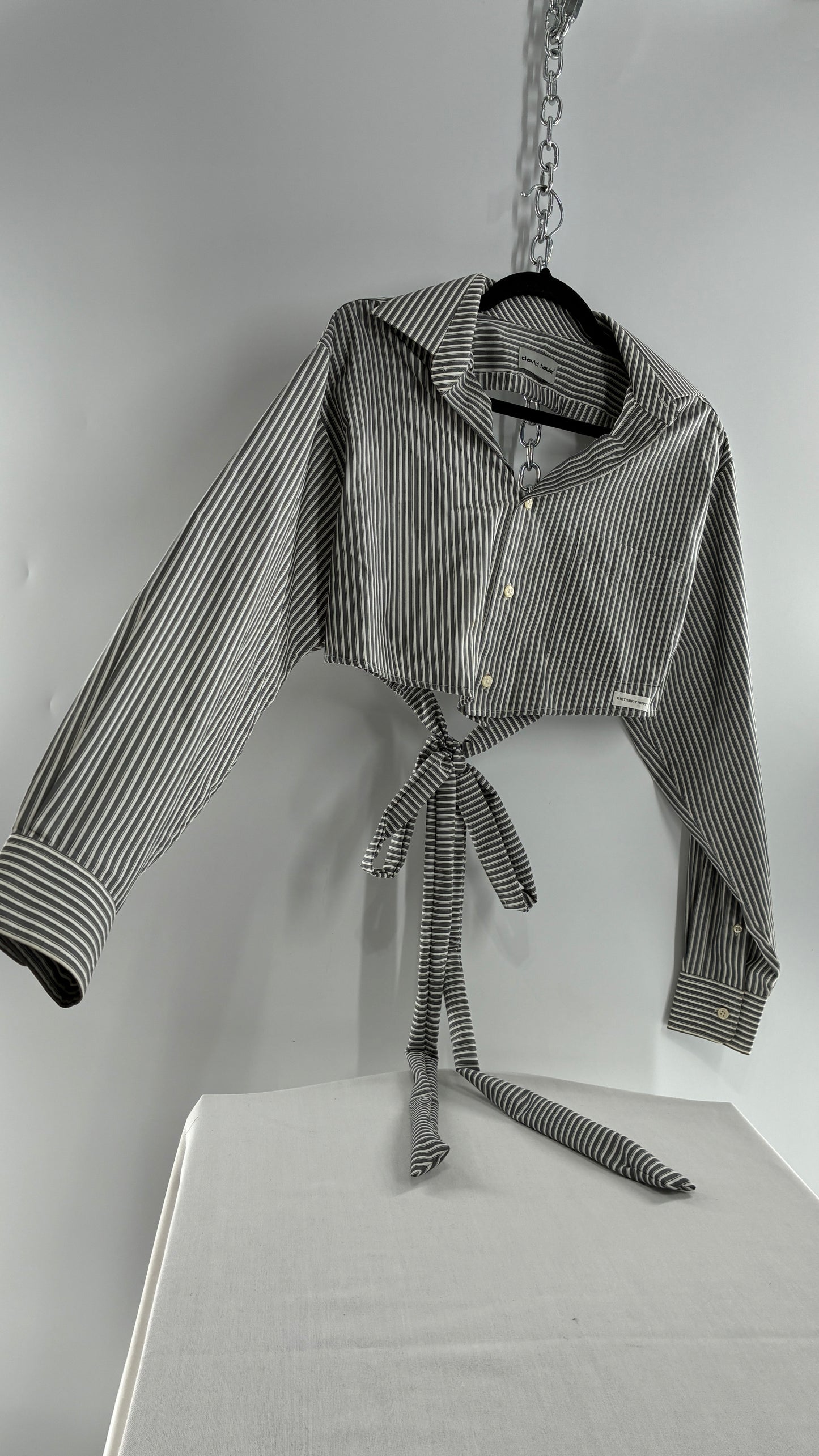 Vintage DAVID TAYLOR Reworked Button Front Backless Grey Striped Blouse (One Size)