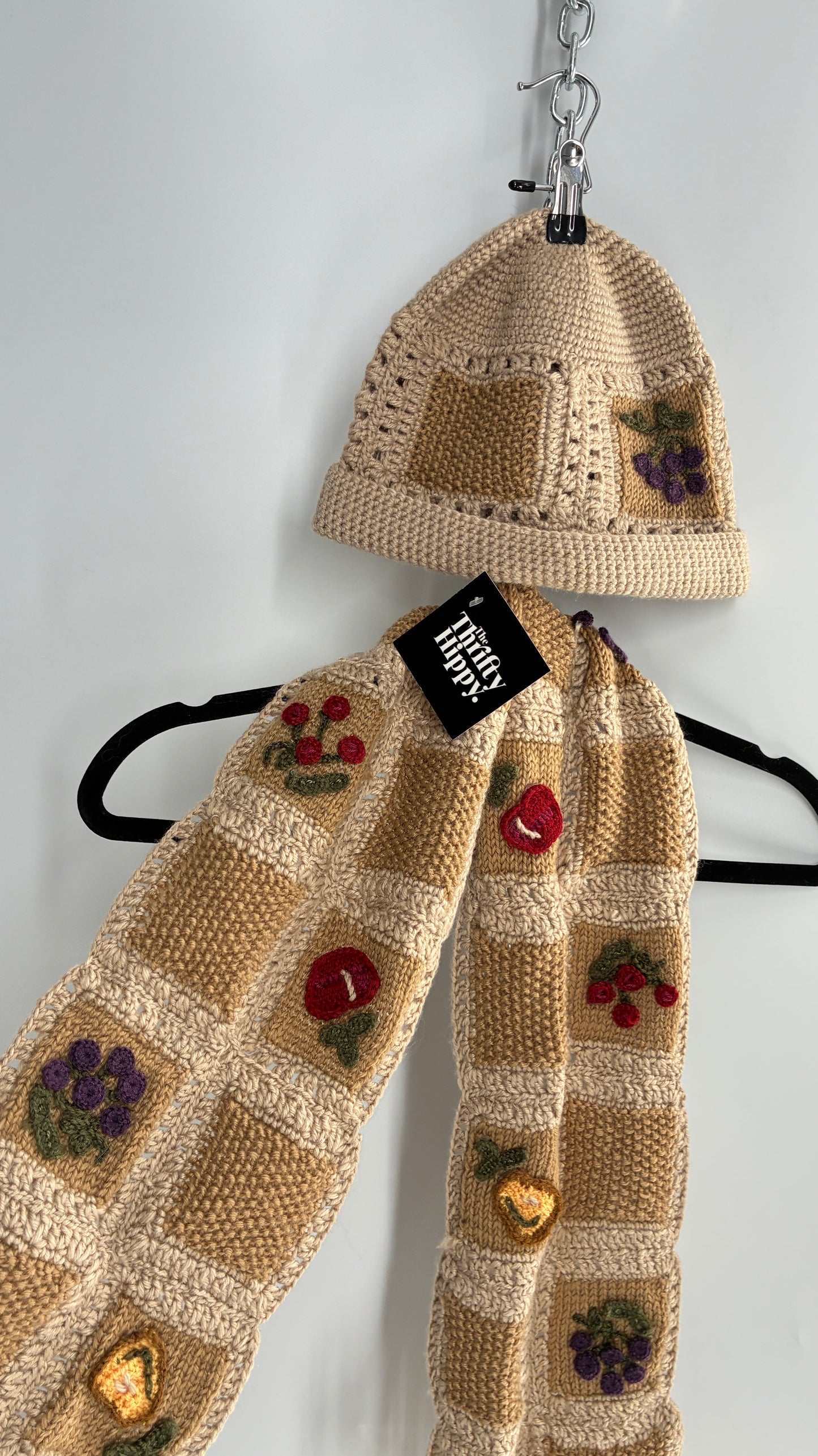 Vintage Crochet Knit Fruits of the Loom Hat and Scarf Set