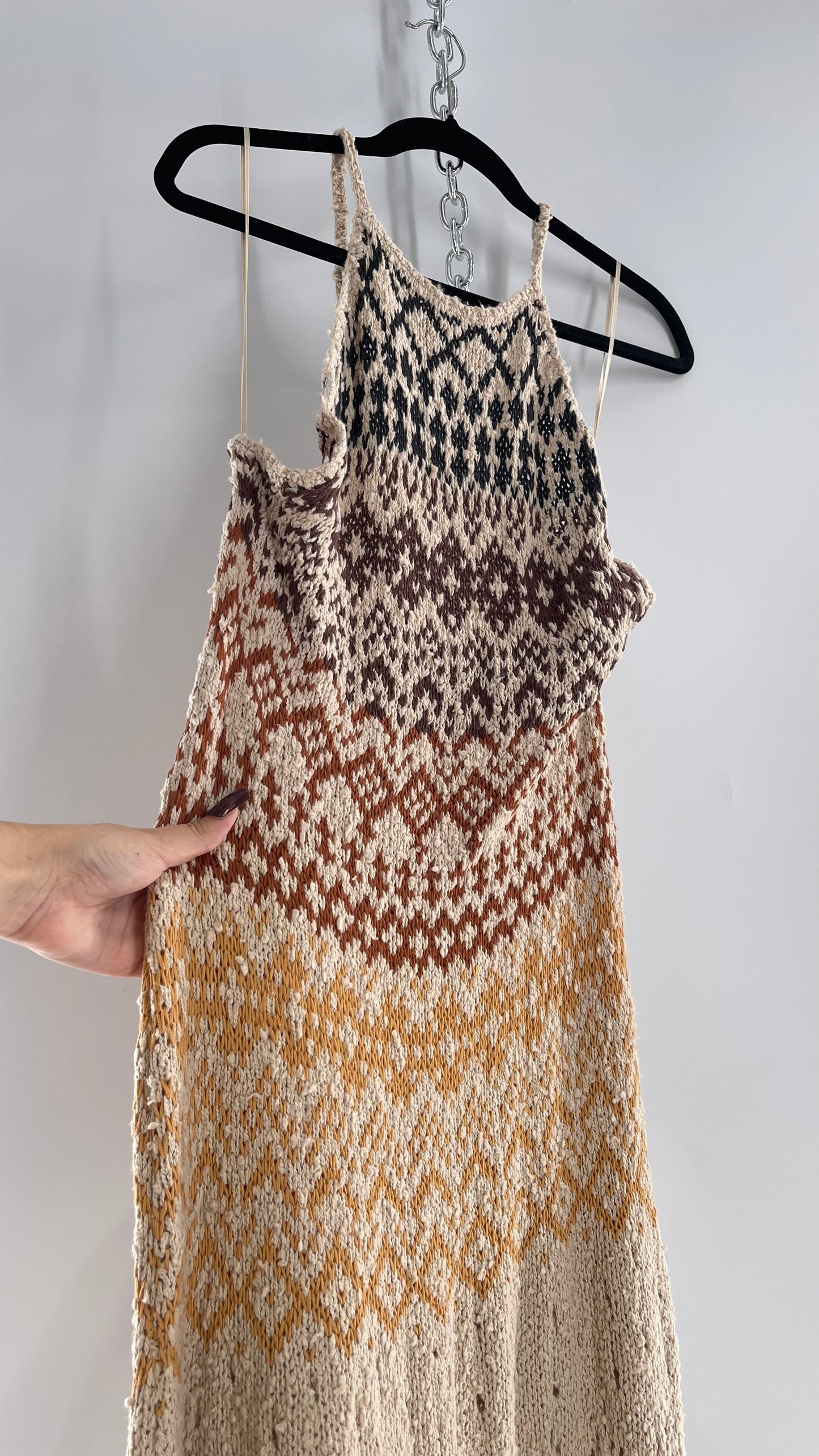 Free People Beige Ikat Oasis Knit Halter Maxi Dress (Small)