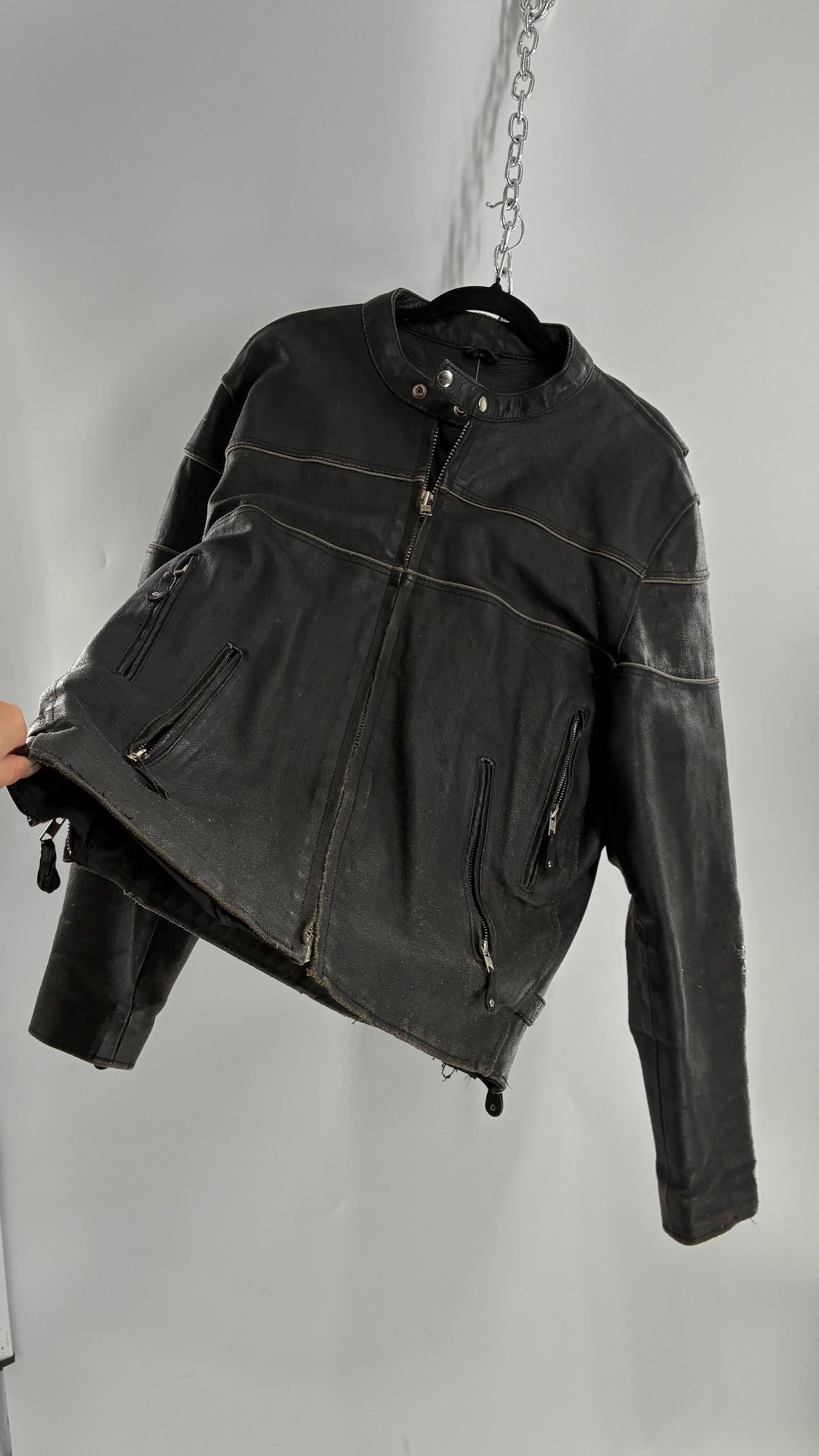 Vintage Distressed Genuine Leather Motorcycle Jacket with Zippered Pockets, Cuffs, and Sides (Large)