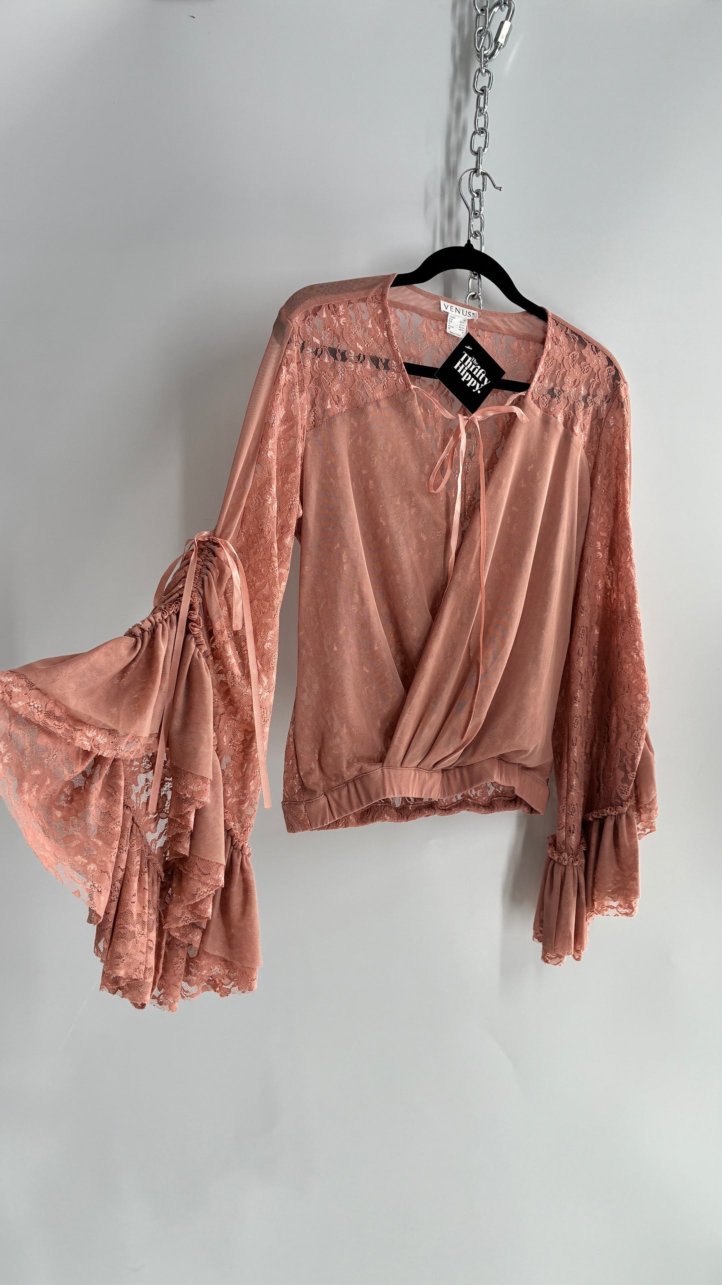 Vintage VENUS Blush Pink Lace Blouse with Voluminous Multi-Layer Bell Sleeves (Medium)