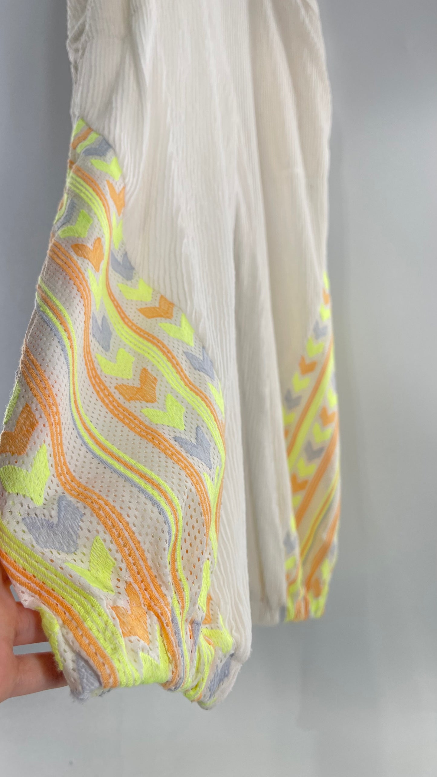 Free People Movement Cream Ribbed Jumpsuit with Yellow/Orange Embroidered Details and Waist Cinching Drawstring (Small)