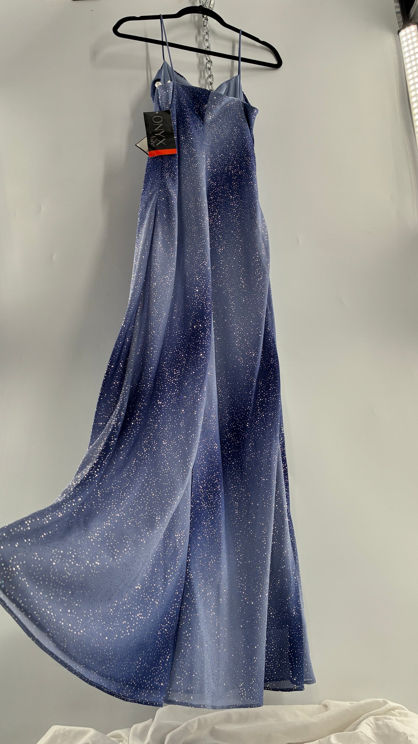 Deadstock Vintage ONYX Blue Iridescent Glitter Sparkle Draped Bust Gown (14)