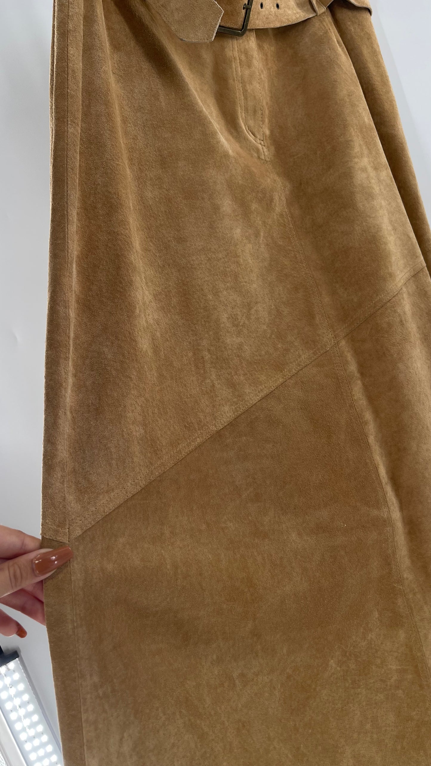 Vintage Margaret Godfrey Tan Suede Low Rise Full Length Skirt with Grommet Belt (14)