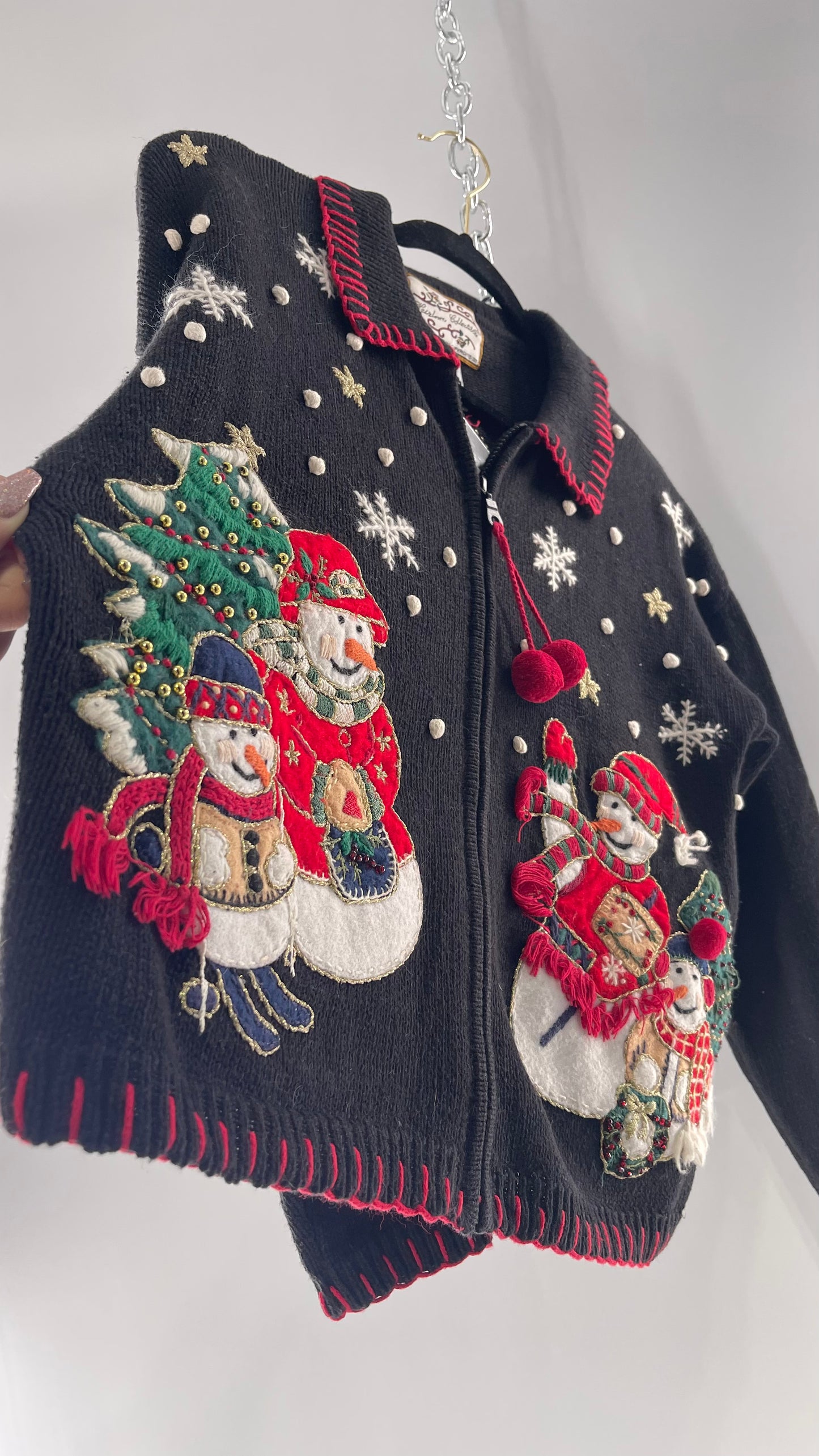 Vintage Reworked Urban Outfitters Heirloom Christmas Cardigan with Festive Snowmen Embroidery, Snowflakes, Christmas Tree and PomPom Zipper Detail (S)