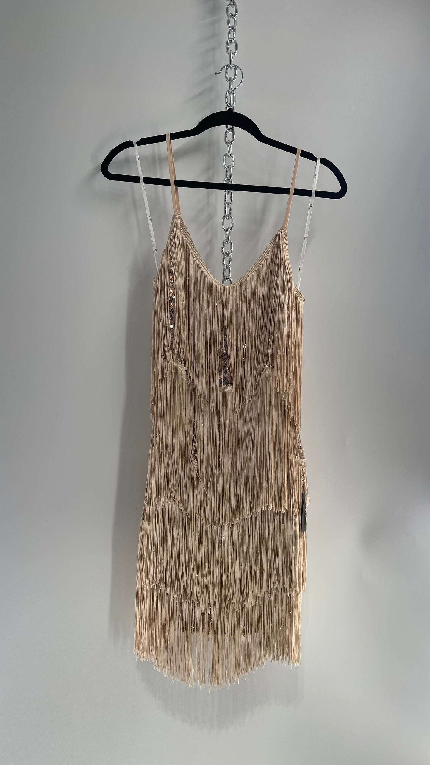 Lulu’s Get in the Groove Fringe Tassel Champagne Mini Dress with Sequin Lining with Tags Attached (Small)