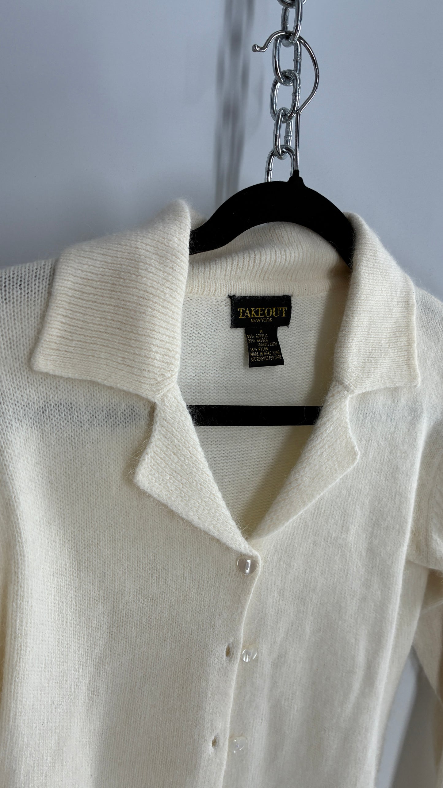 Vintage TAKEOUT Angora Rabbit Fur Blend White Cardigan (Medium)