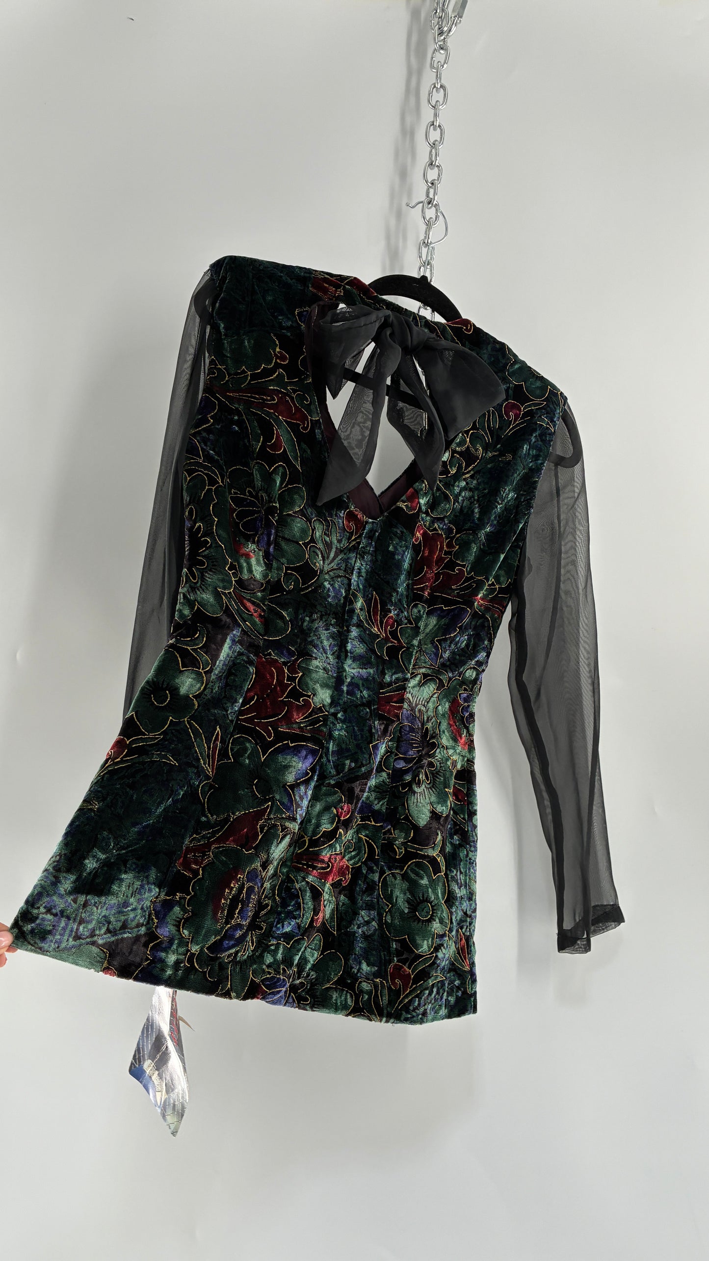 Deadstock Vintage RAMPAGE 1980s Micro Mini Dress Velour with Sheer Bubble Sleeves, Open Back, Elaborate Crystal Buttons and Bow Back Detail (Small)