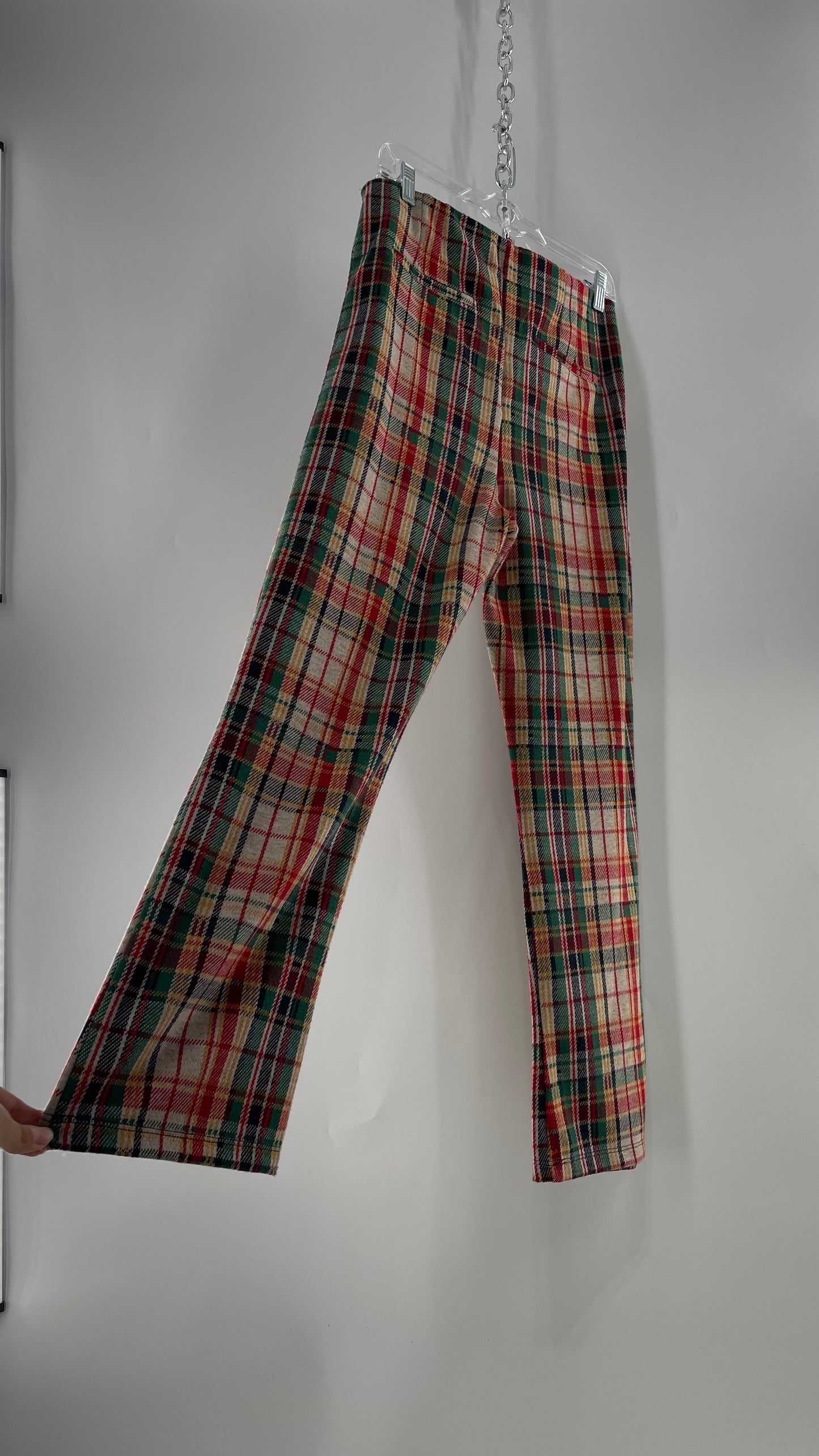 Free People Red\Green Plaid Knit Straight Leg Pants with Elastic Waist ( L)
