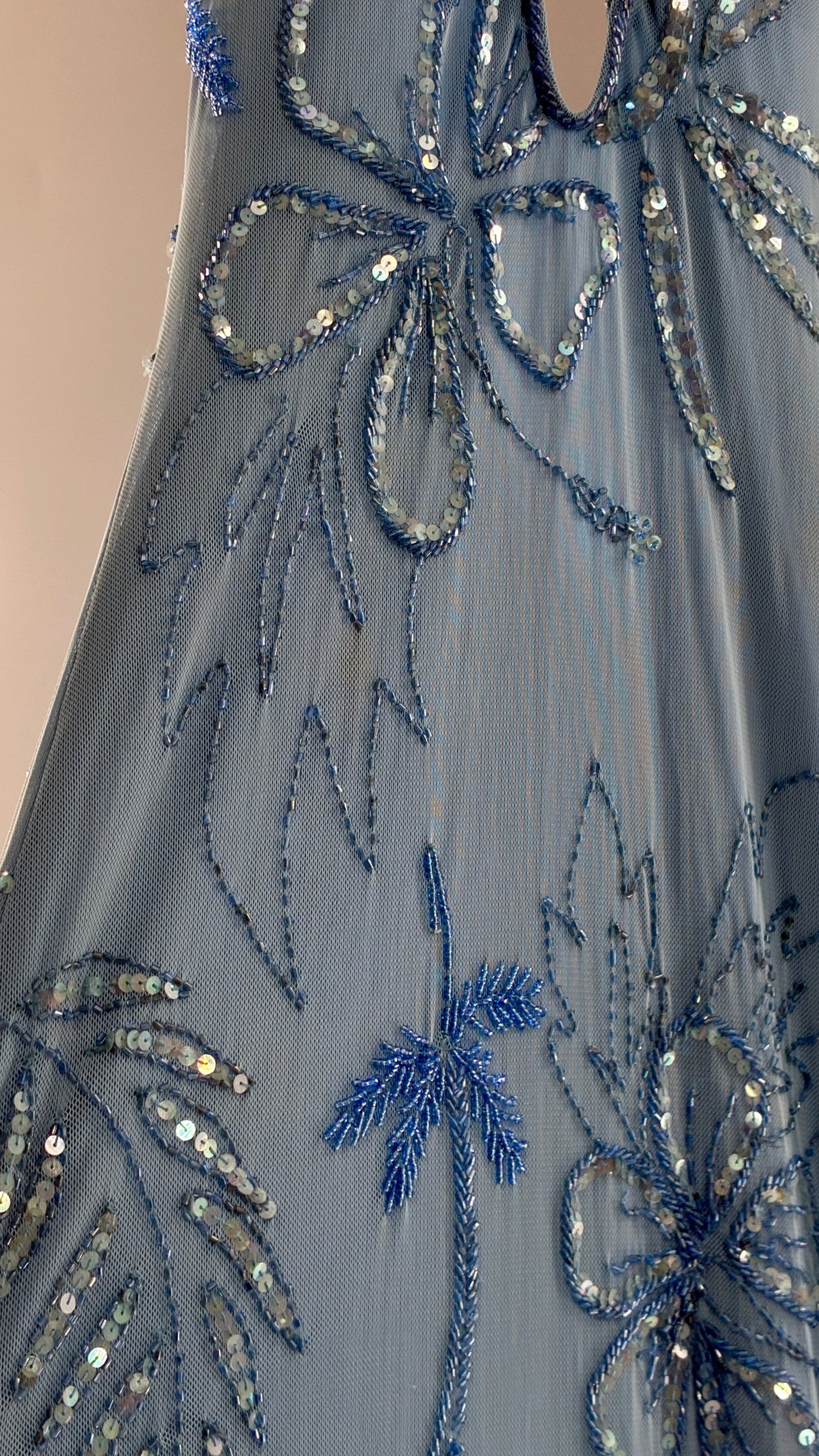 Vintage 1990s Powder Blue Gown Covered in Beaded Appliqué Tropical Designs with Strappy Bust and Low, Open Back (S/M, stretchy no size marked)