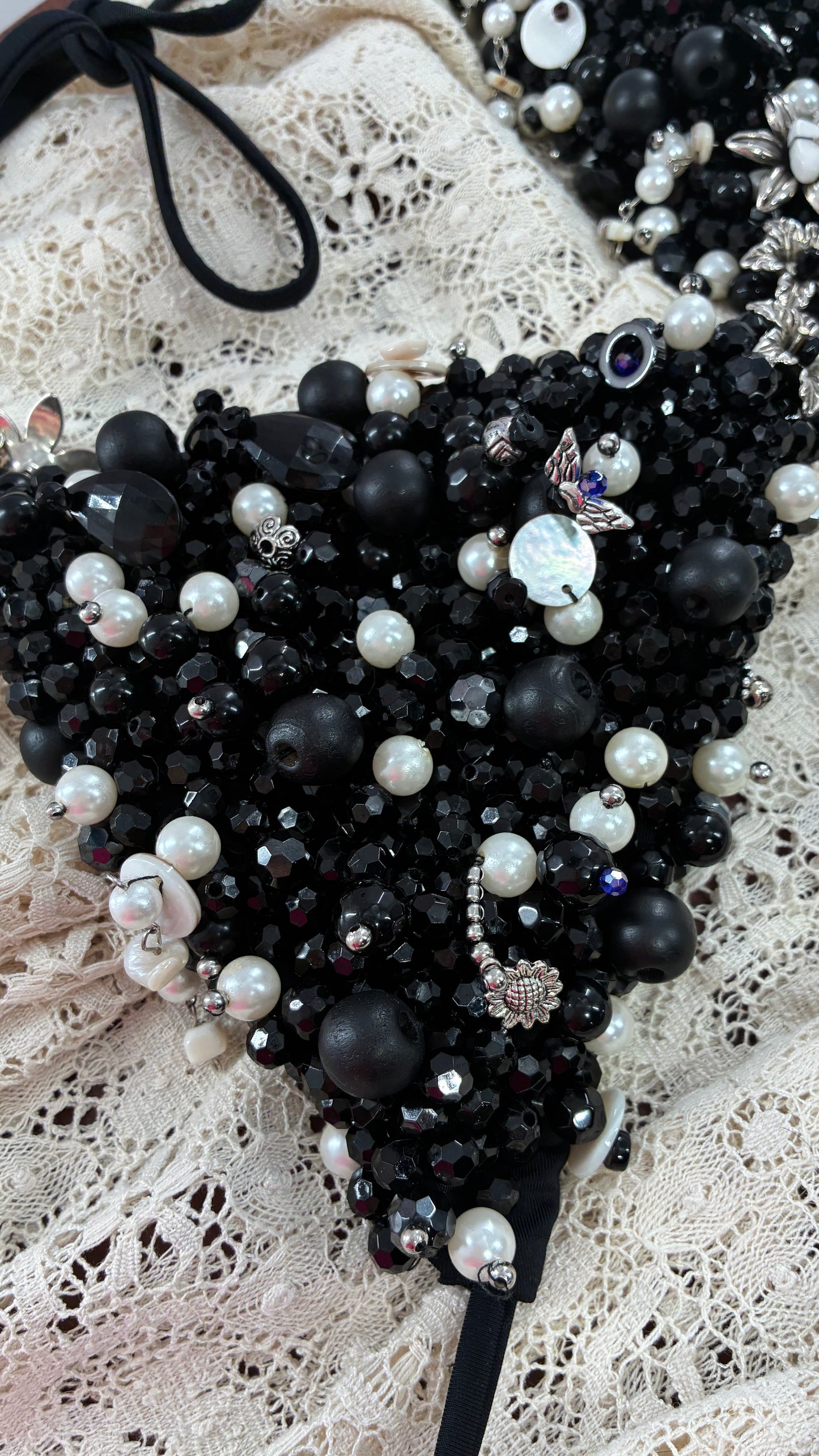 CUSTOM 1/1 Black Swimsuit Covered in Hand Placed and Sewn Beads, Charms, and Gems (MEDIUM)