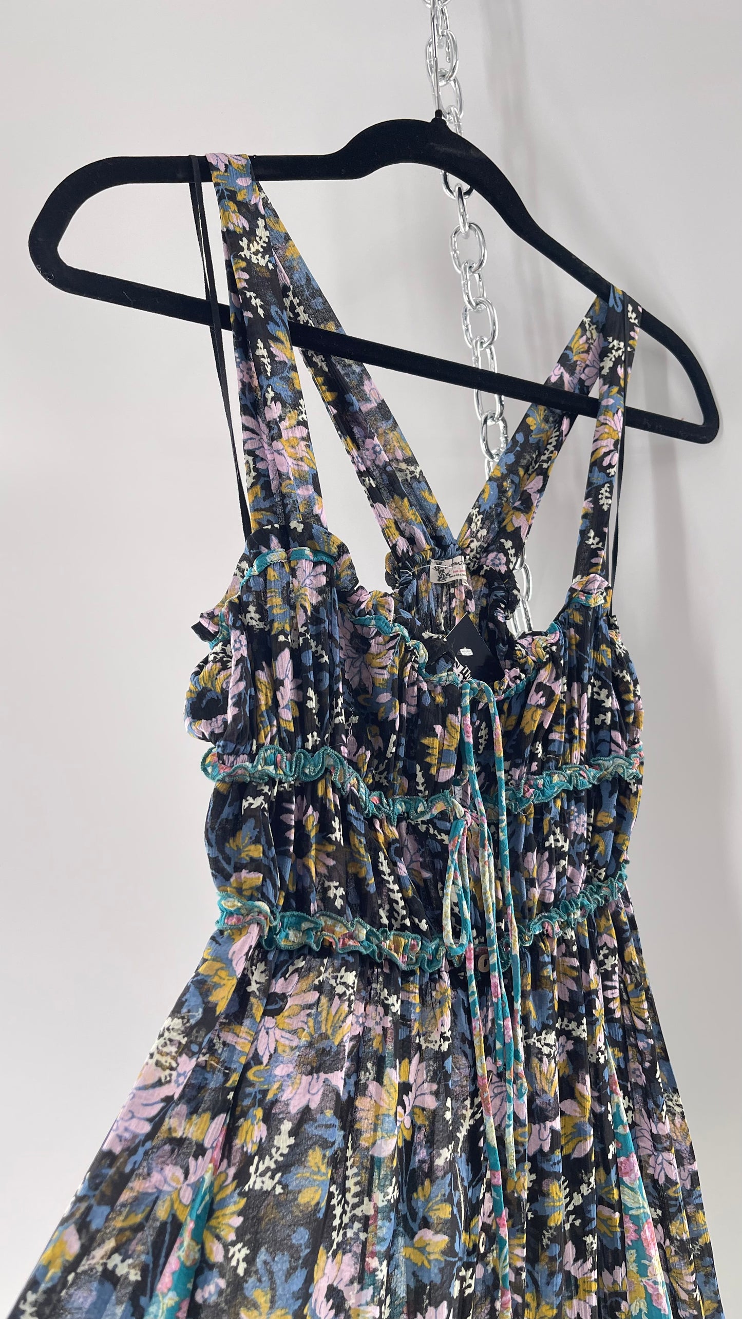 Intimately Free People Black and Teal Mixed Pattern Floral Maxi Dress with Tags Attached (XS)