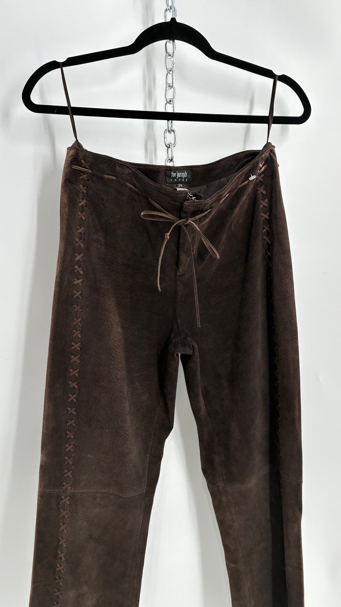 Vintage FOR JOSEPH Low Rise, Chocolate Brown Suede Pants with Leather Stitch Sides and Bow Closure (28)