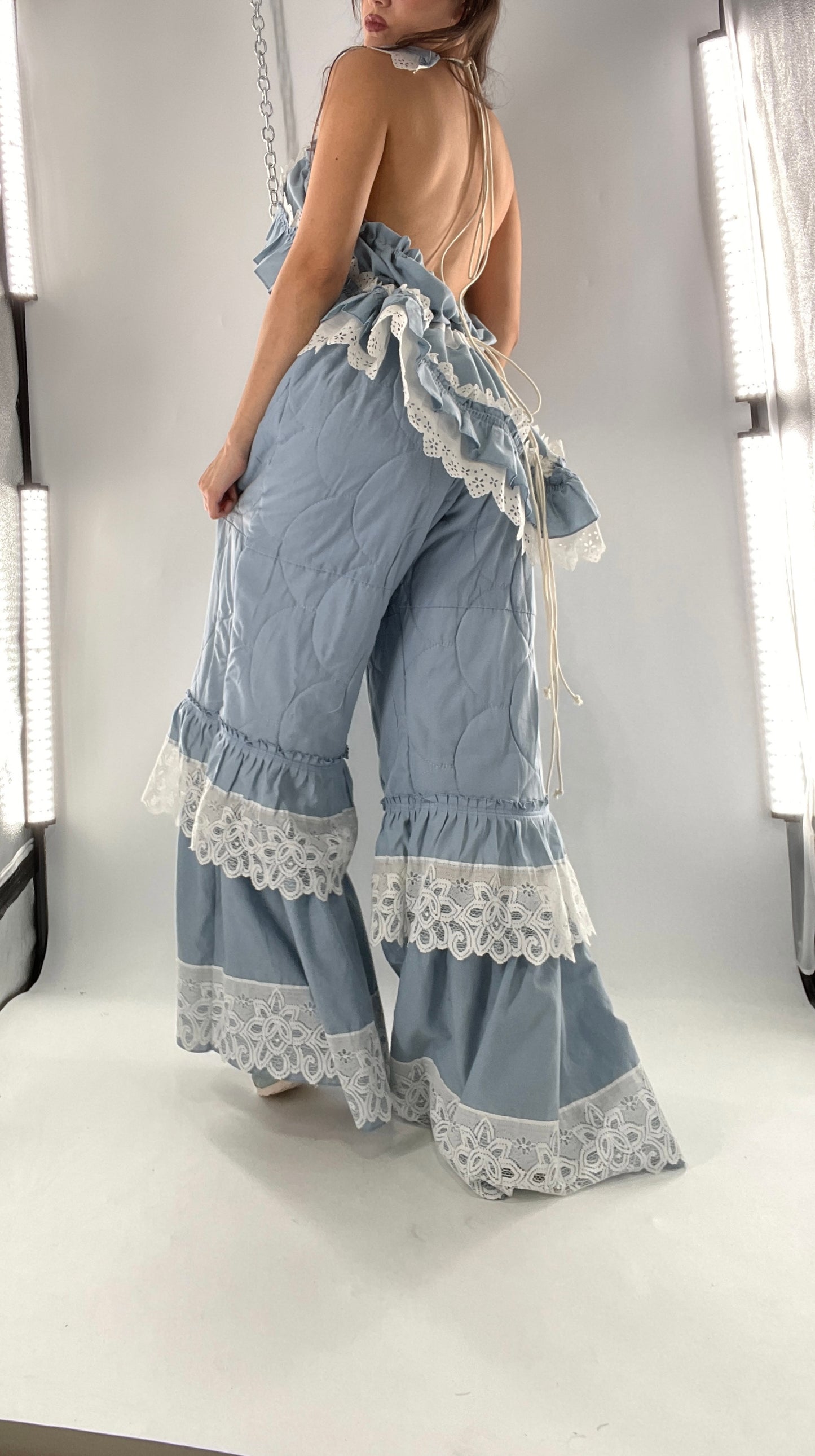 Vintage 2 Piece Powder Blue Set Featuring 2Way Blouse and Quilted Trousers Covered in Ruffles, Lace and Trim (One Size)