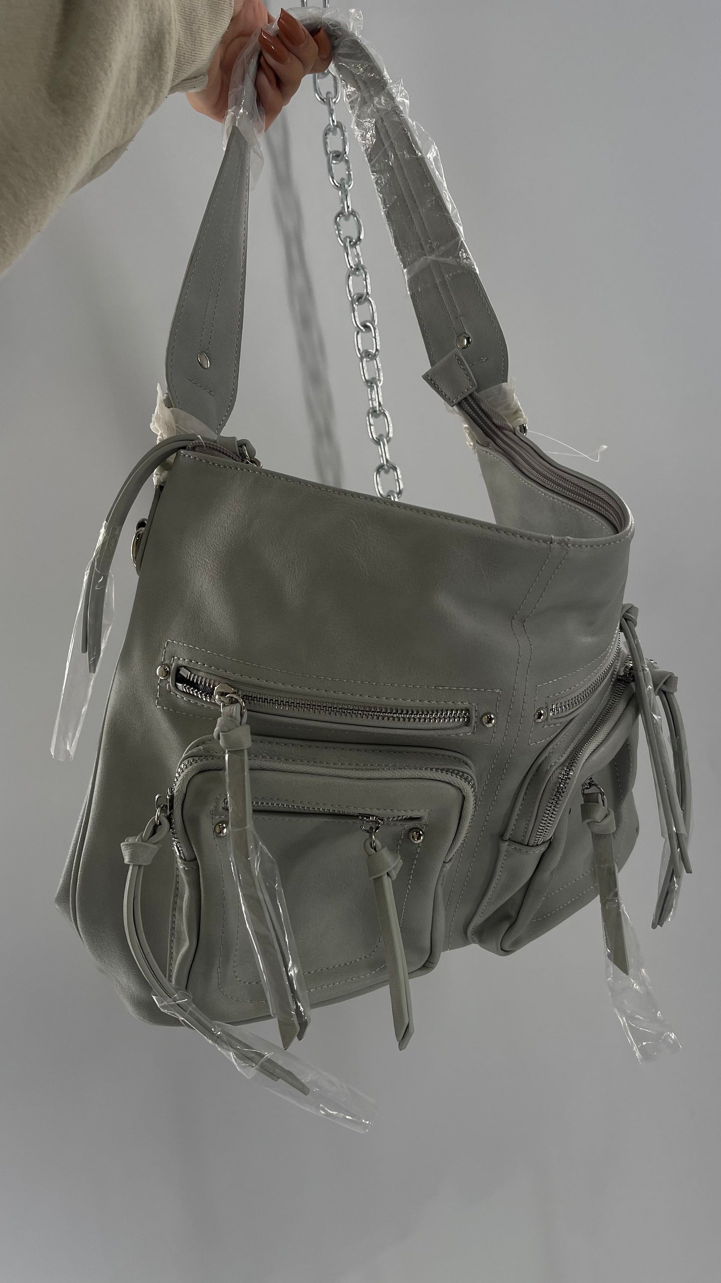 Free People Grey Leather Bag with Heavy Silver Metal Detailing, Pockets and Extra Strap