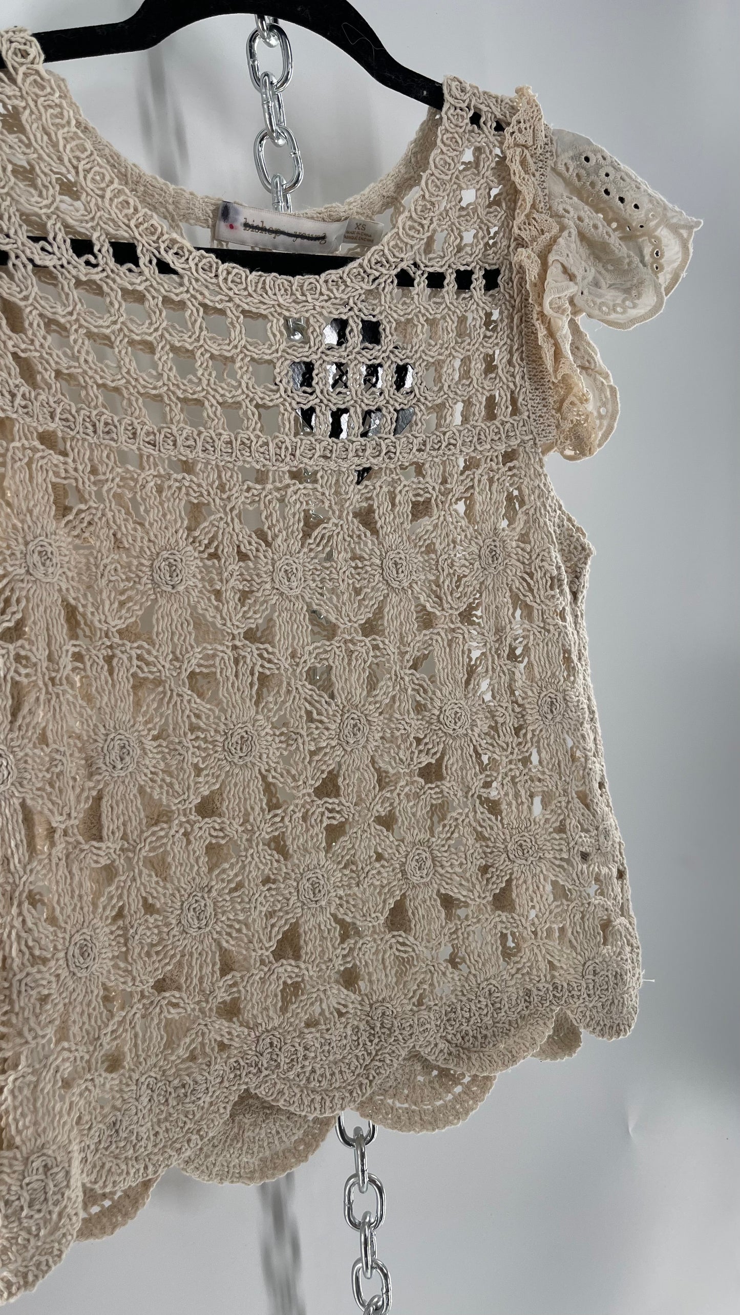 Bishop + Young Anthropologie Crochet Tank with Scalloped Hem and Lace Lined Sleeves (Small)