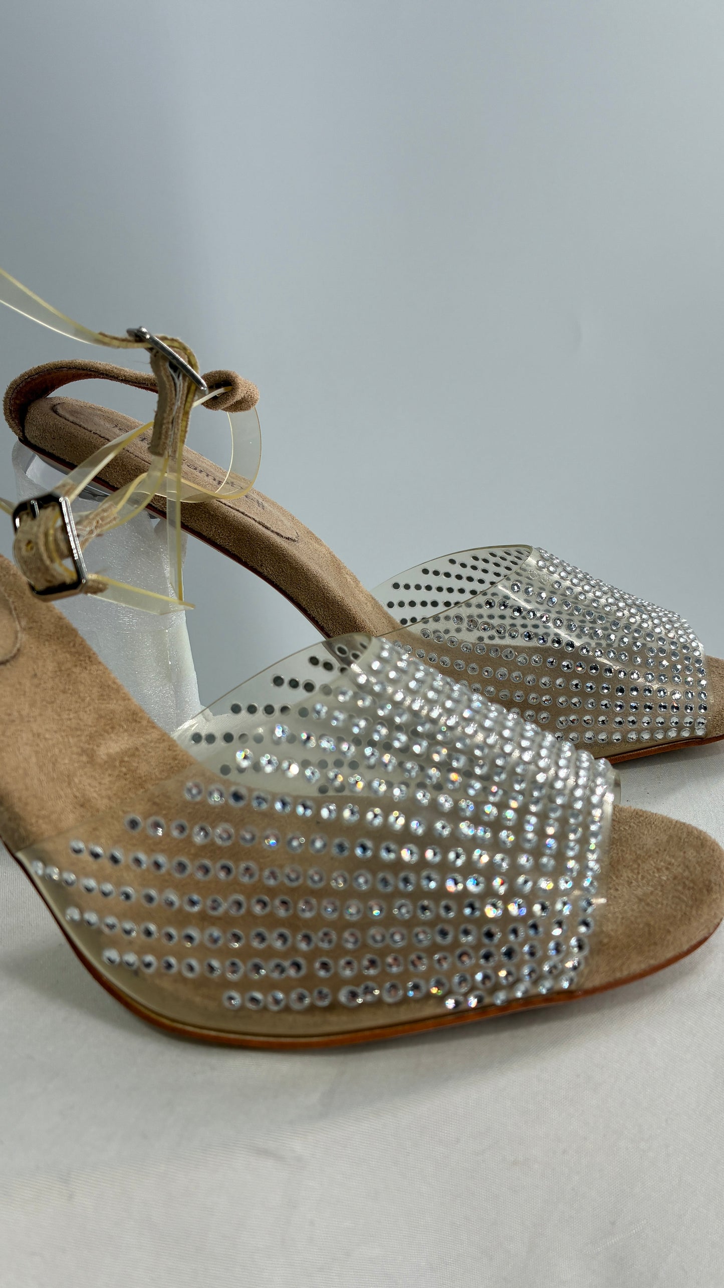 JEFFREY CAMPBELL Lucite Heel Suede Sole, Clear Strap Rhinestone Heel (8)