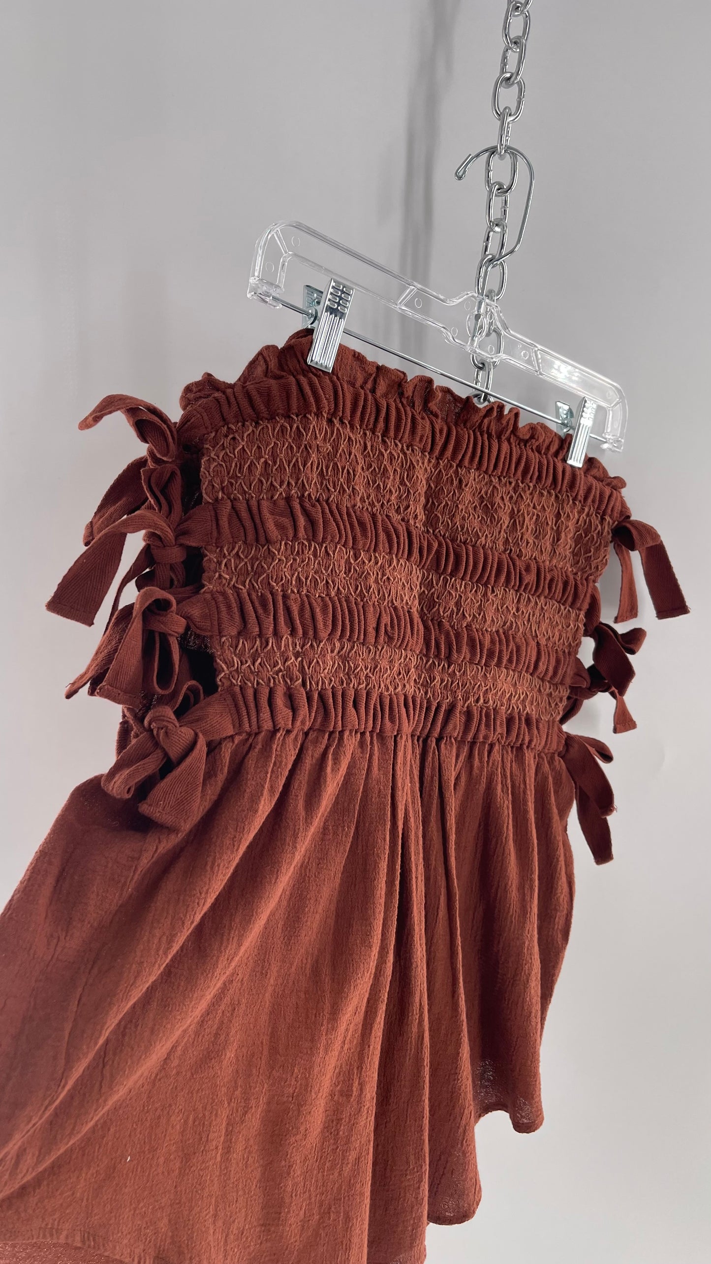 Free People Jen’s Pirate Booty Terracotta Brown Tie Side Ruched/Smocked Tube Tank with Tags Attached (Medium)