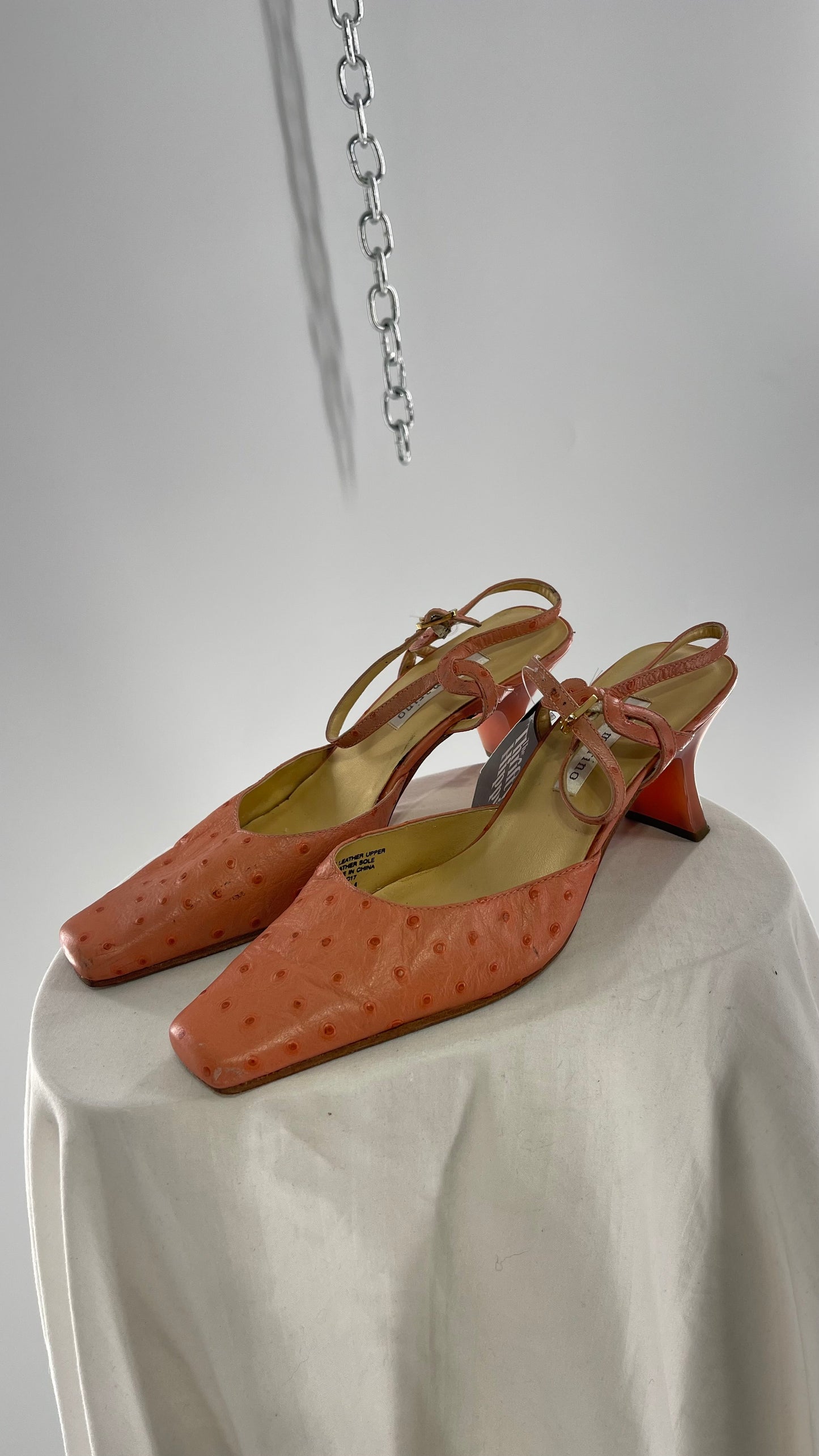 Vintage 1990s Ann Marino Pink Peach Genuine Leather Sling Back Pointed Square Toe Kitten Heel (8)