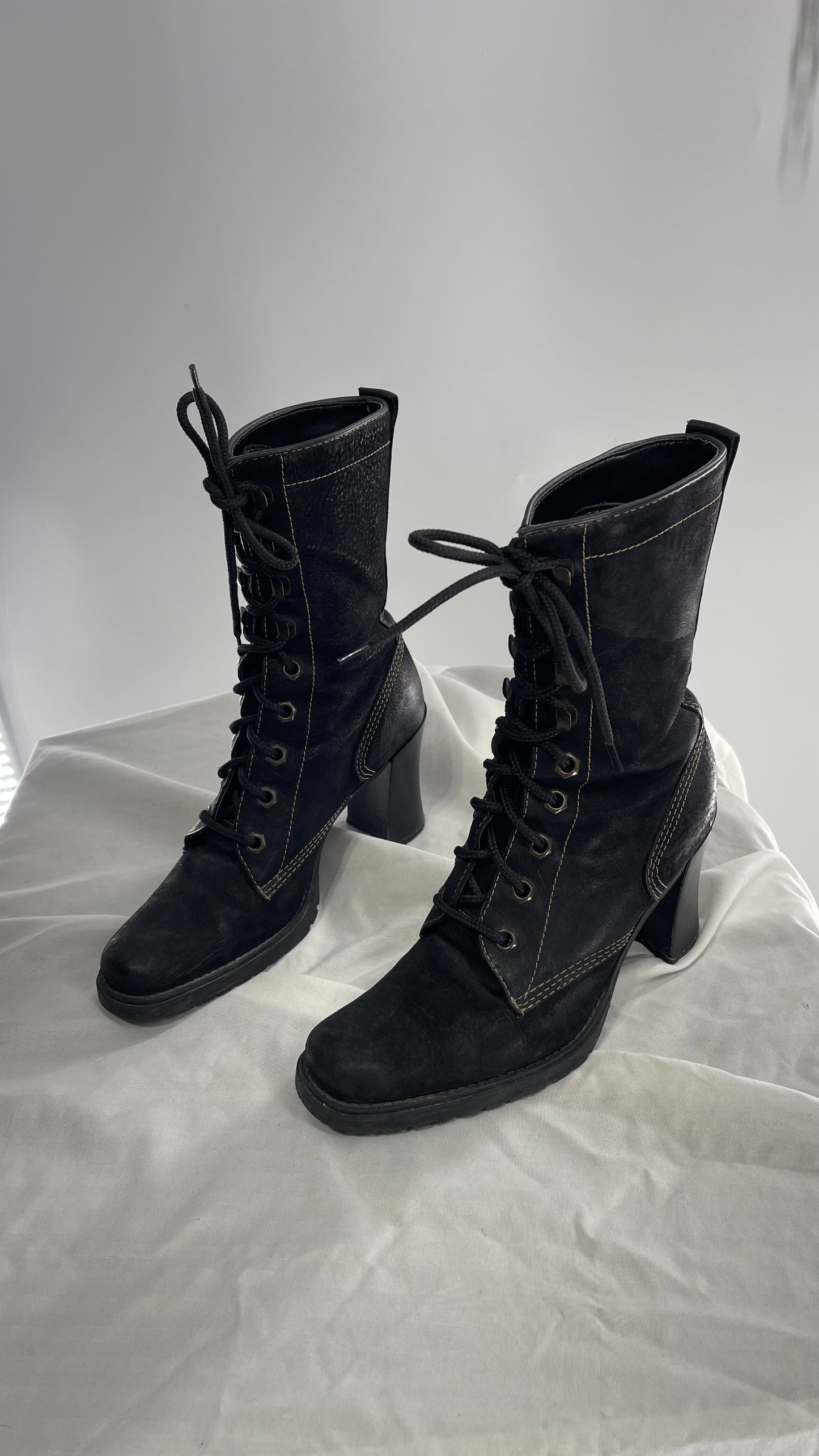 Vintage Nine West Leather Black Lace Up Combat Boots (7)