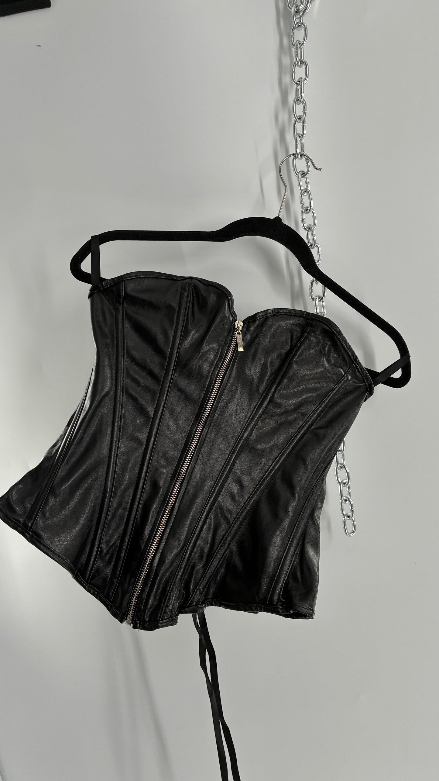 Black Vegan Leather Zip Front Corset (Medium)