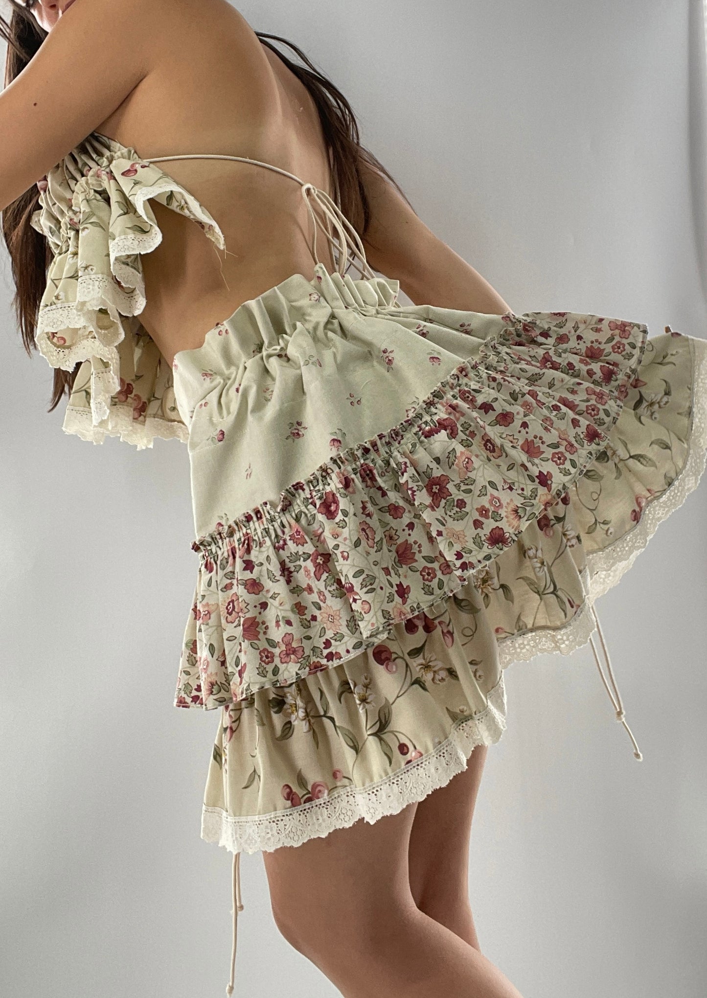 Vintage Cherry Cottage Set with Tiered Ruffled Skirt and Ruched, Backless Top (One Size)