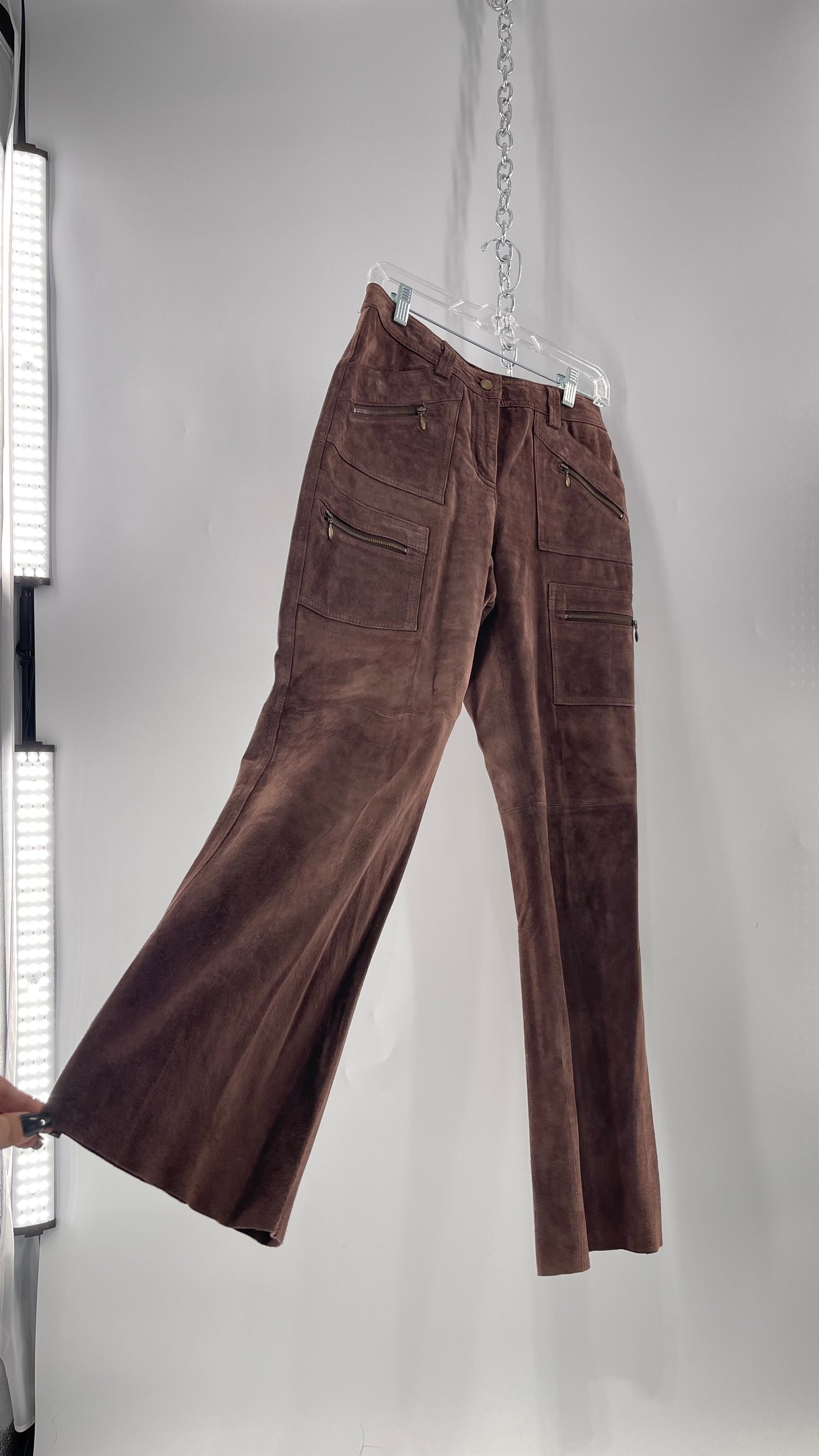 Vintage Context Petit Brown Suede Straight Leg Cargos with Pockets and Bronze Zippers (8P)
