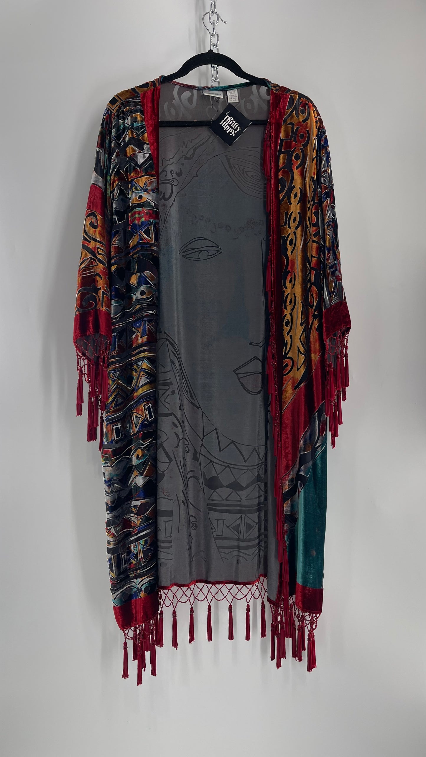 Vintage Burnout Buddhist Motif Velvet/Velour Beaded Fringe Duster Coat/Kimono with Tassel Sleeves and Hems (M/L)