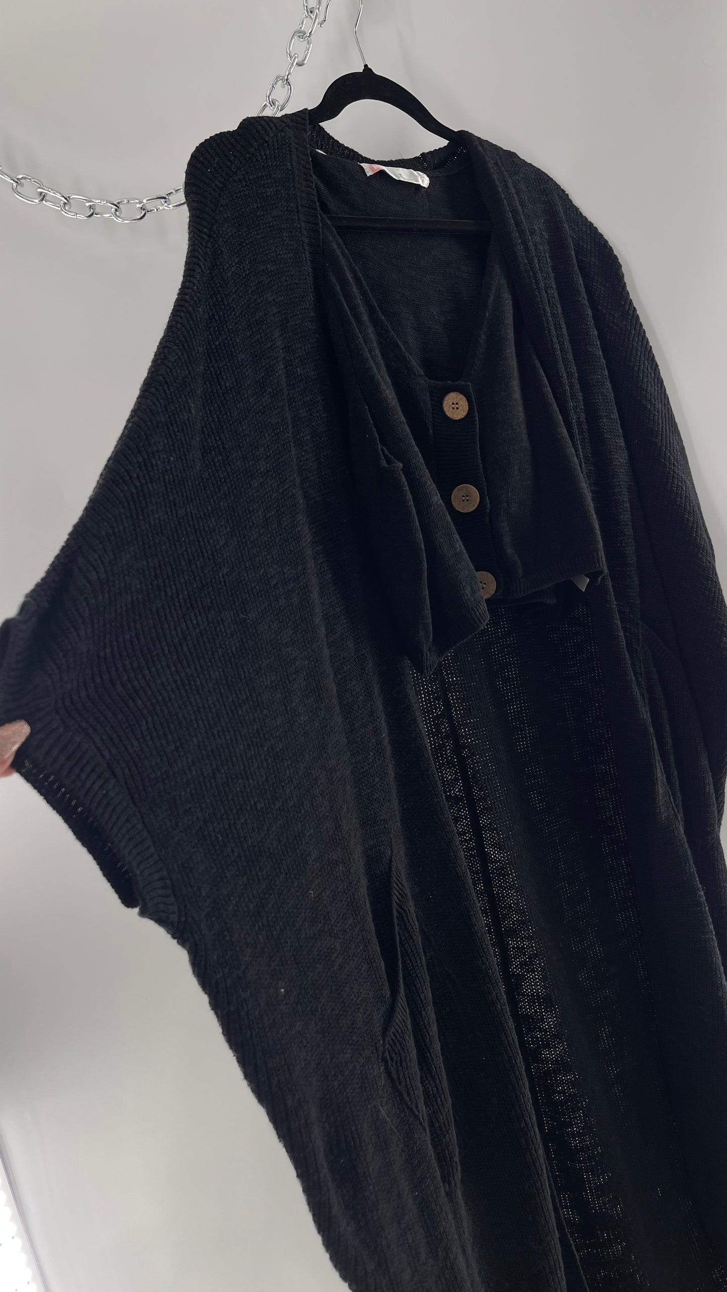 Free People Kai 3 piece Black Knit Cardigan, Tank, Shorts Set with Extra Button Never Worn (Medium)